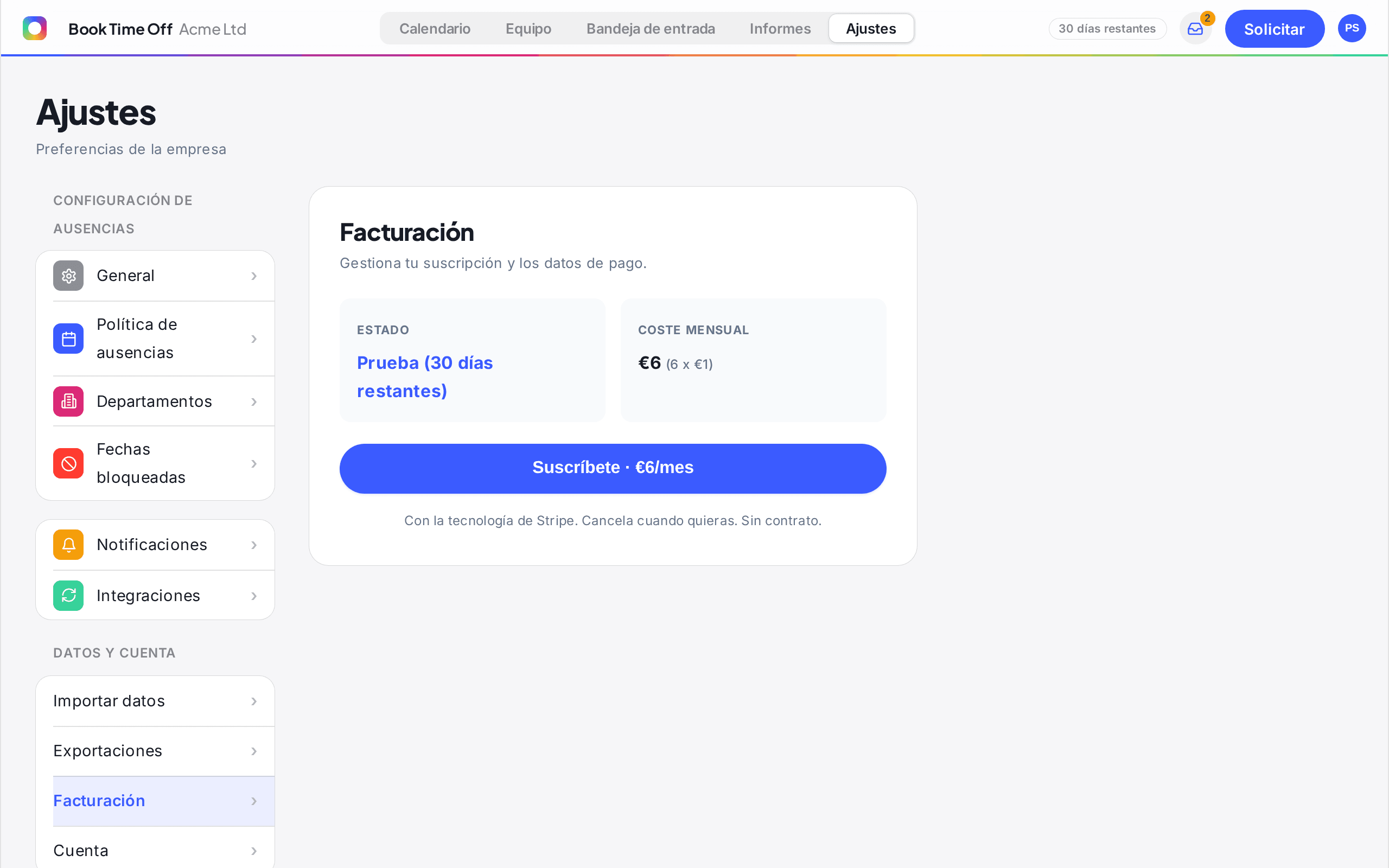 La configuració de Facturació amb l'estat de la subscripció i el cost mensual
