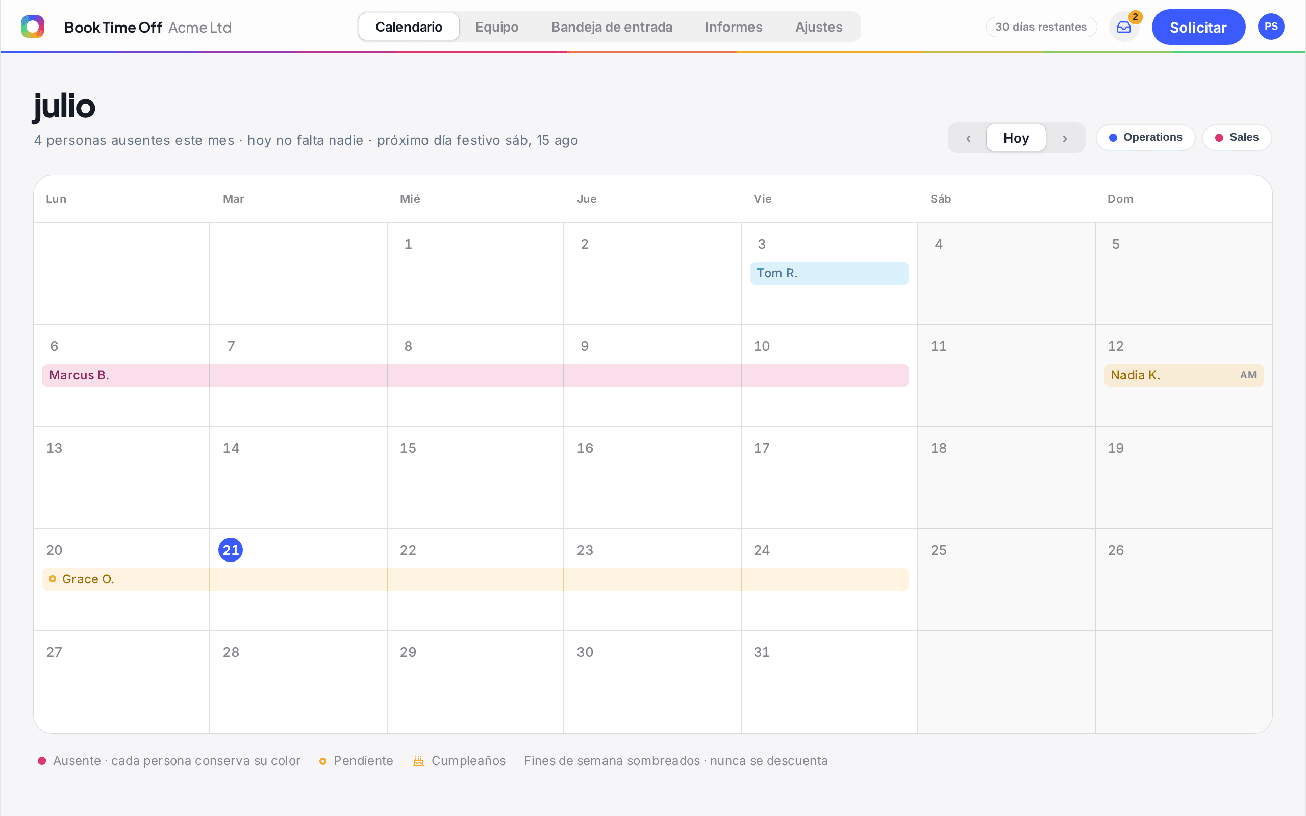 Calendari compartit de Book Time Off del mes de juny que mostra qui és fora, les sol·licituds pendents, els aniversaris i la propera festa
