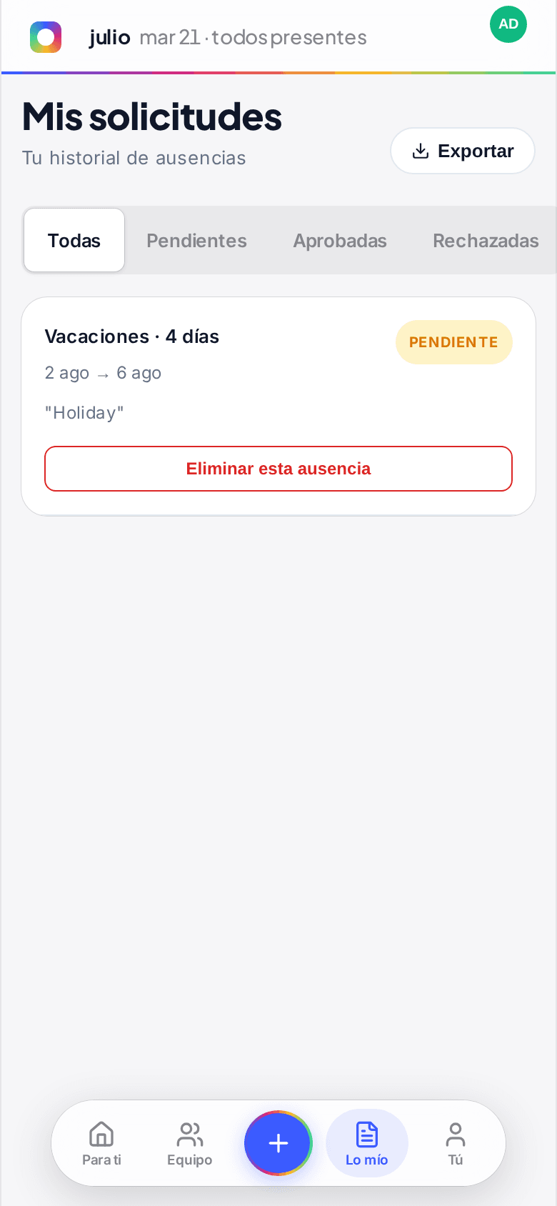 La pantalla Les meves sol·licituds en un telèfon amb una sol·licitud pendent i un botó Elimina aquesta absència