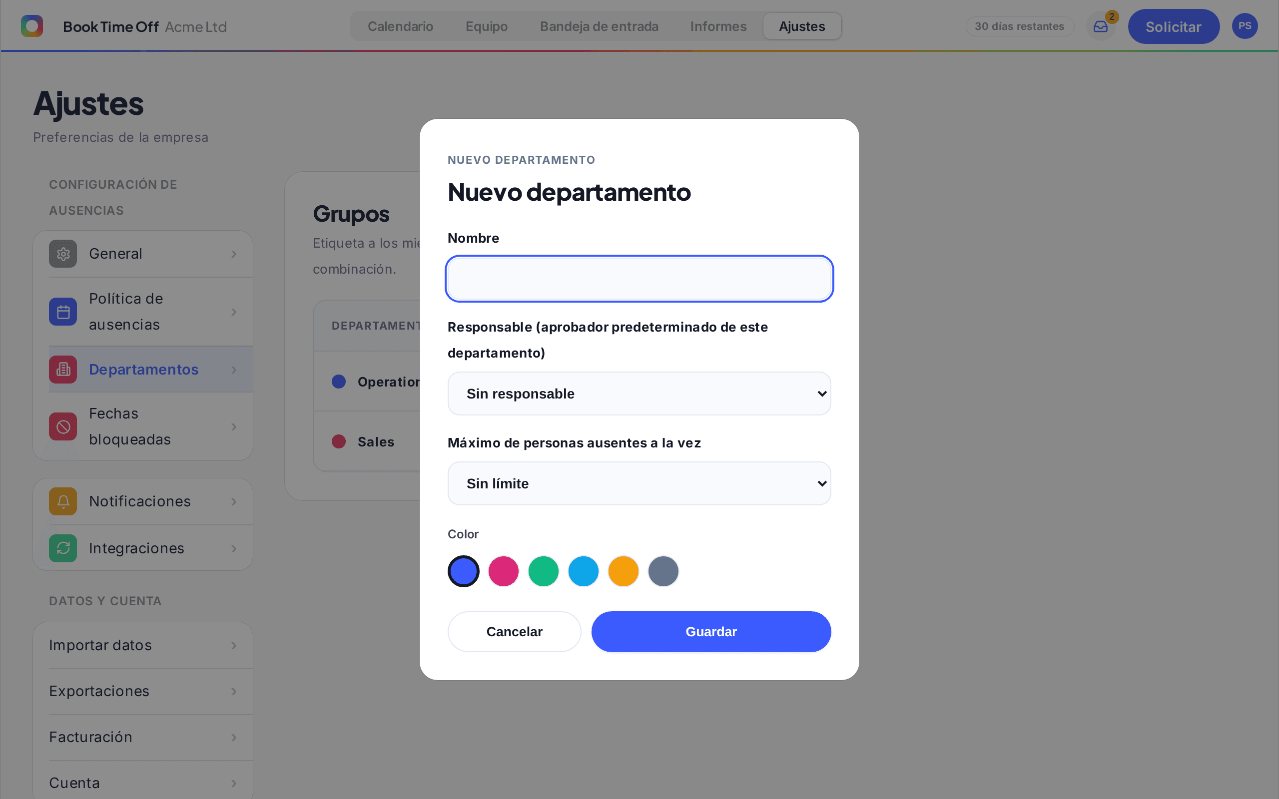 El formulari Nou departament amb Nom, Responsable i Màxim de persones absents alhora