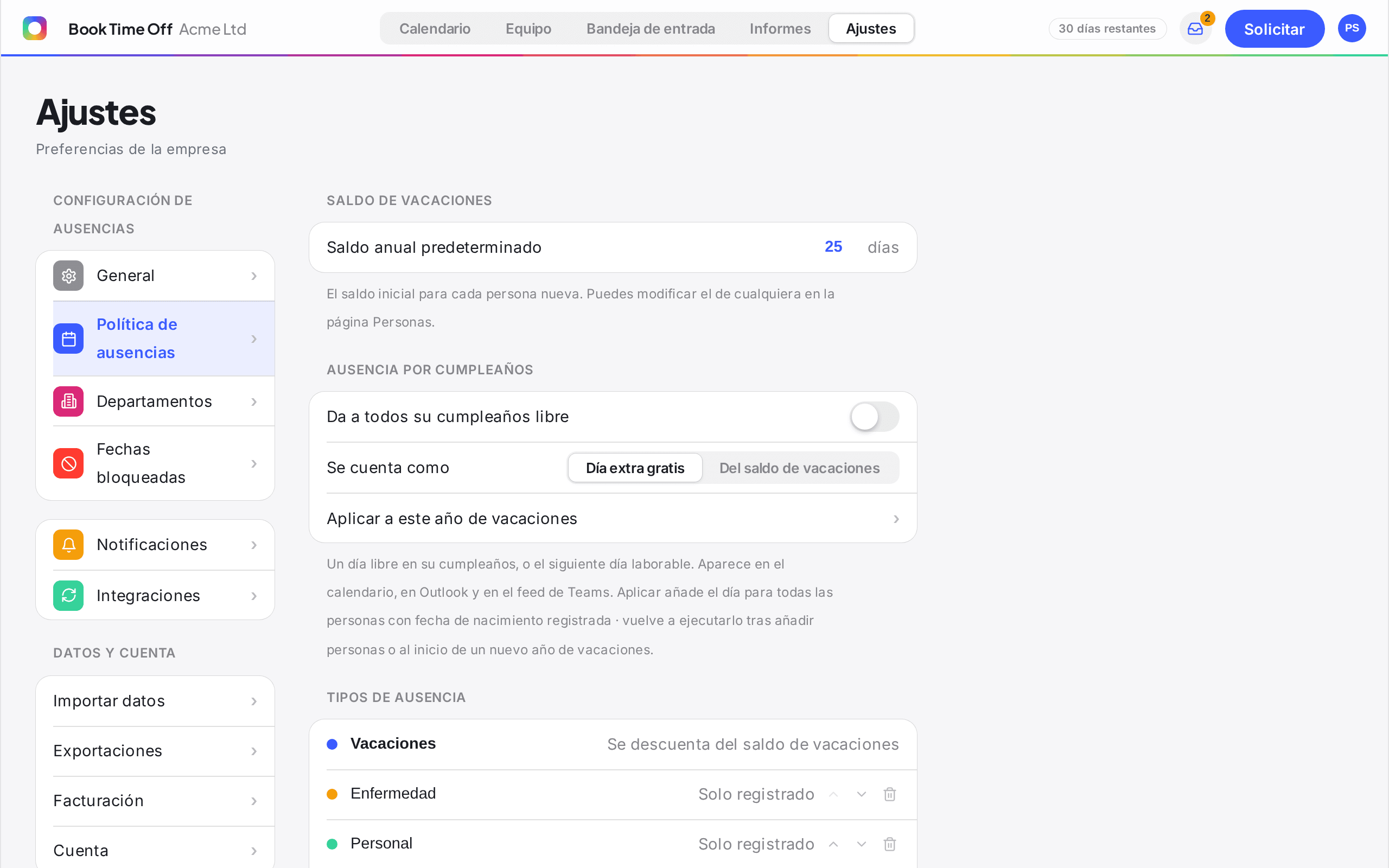 La configuració de Tipus d'absència amb la llista editable i el botó Afegeix un tipus d'absència