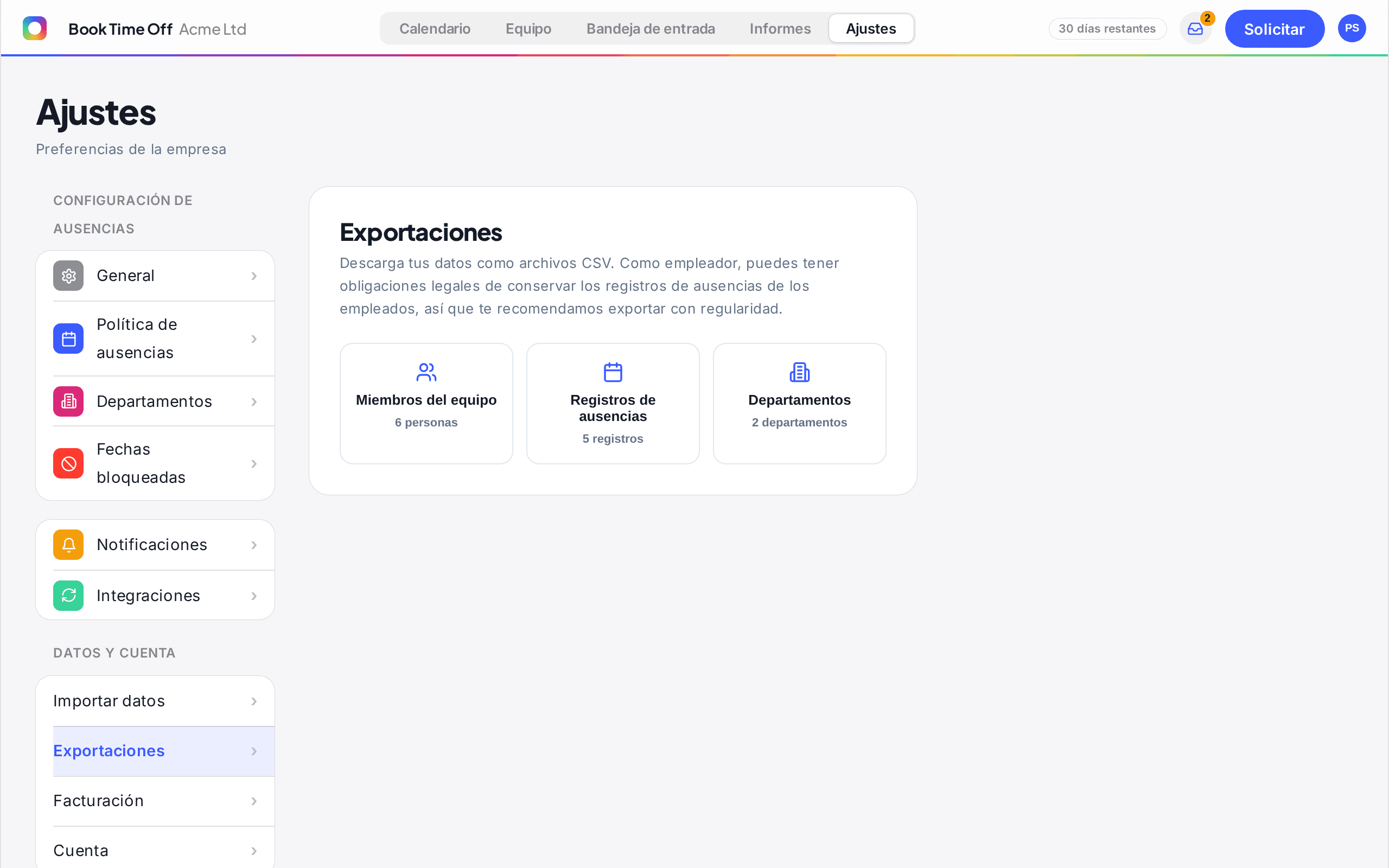 La pantalla Exportacions amb els botons de descàrrega Membres de l'equip, Registres d'absència i Departaments