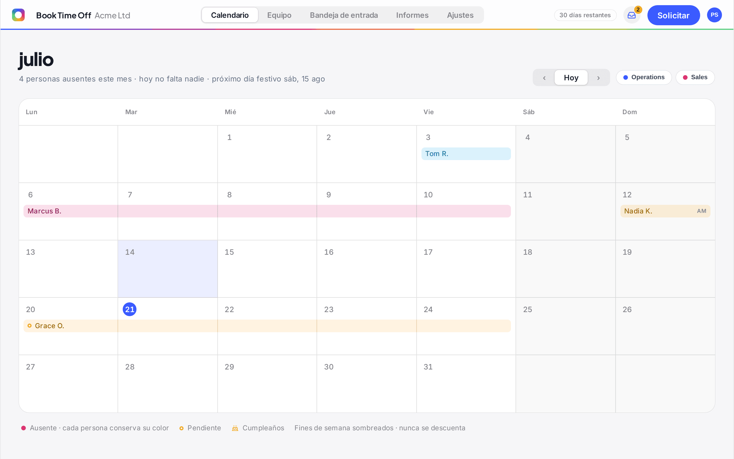 El calendari de Book Time Off amb l'absència reservada de l'equip per al mes