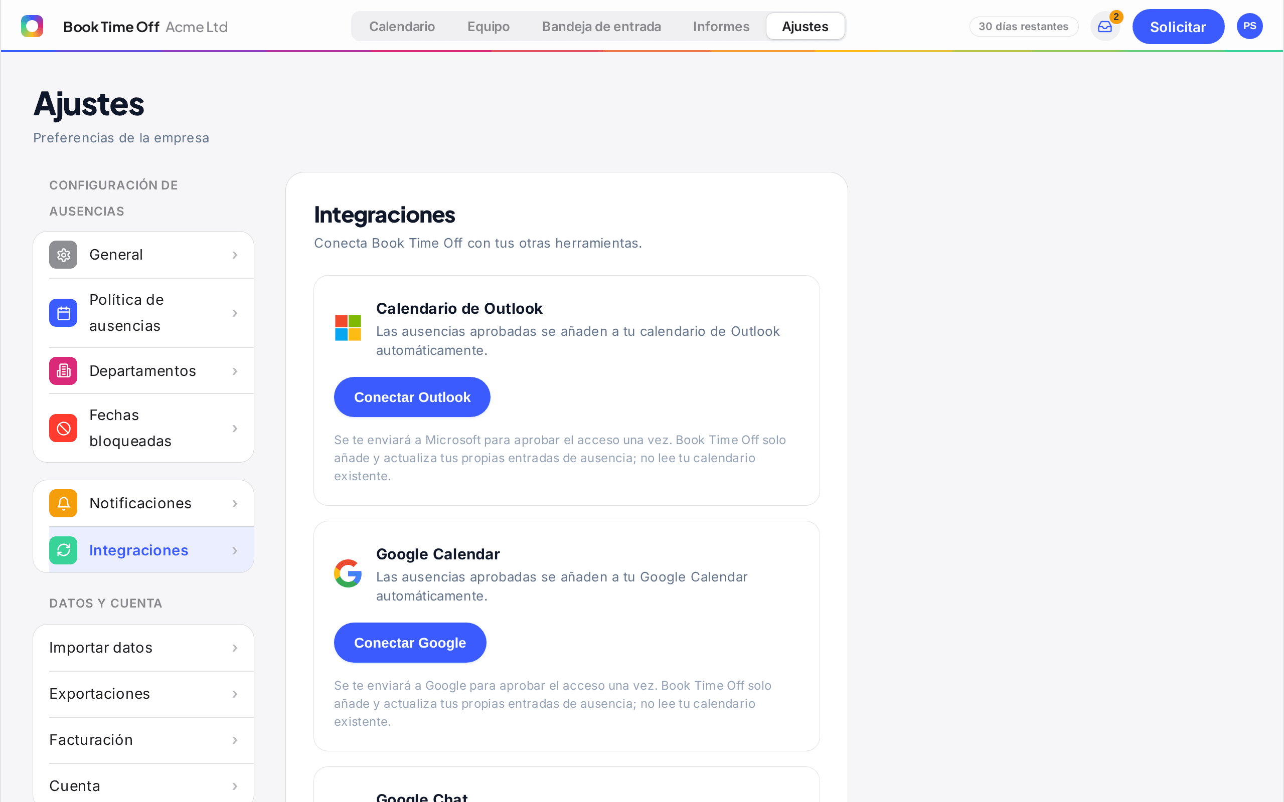 La configuració d'Integracions amb l'opció per connectar el calendari d'Outlook