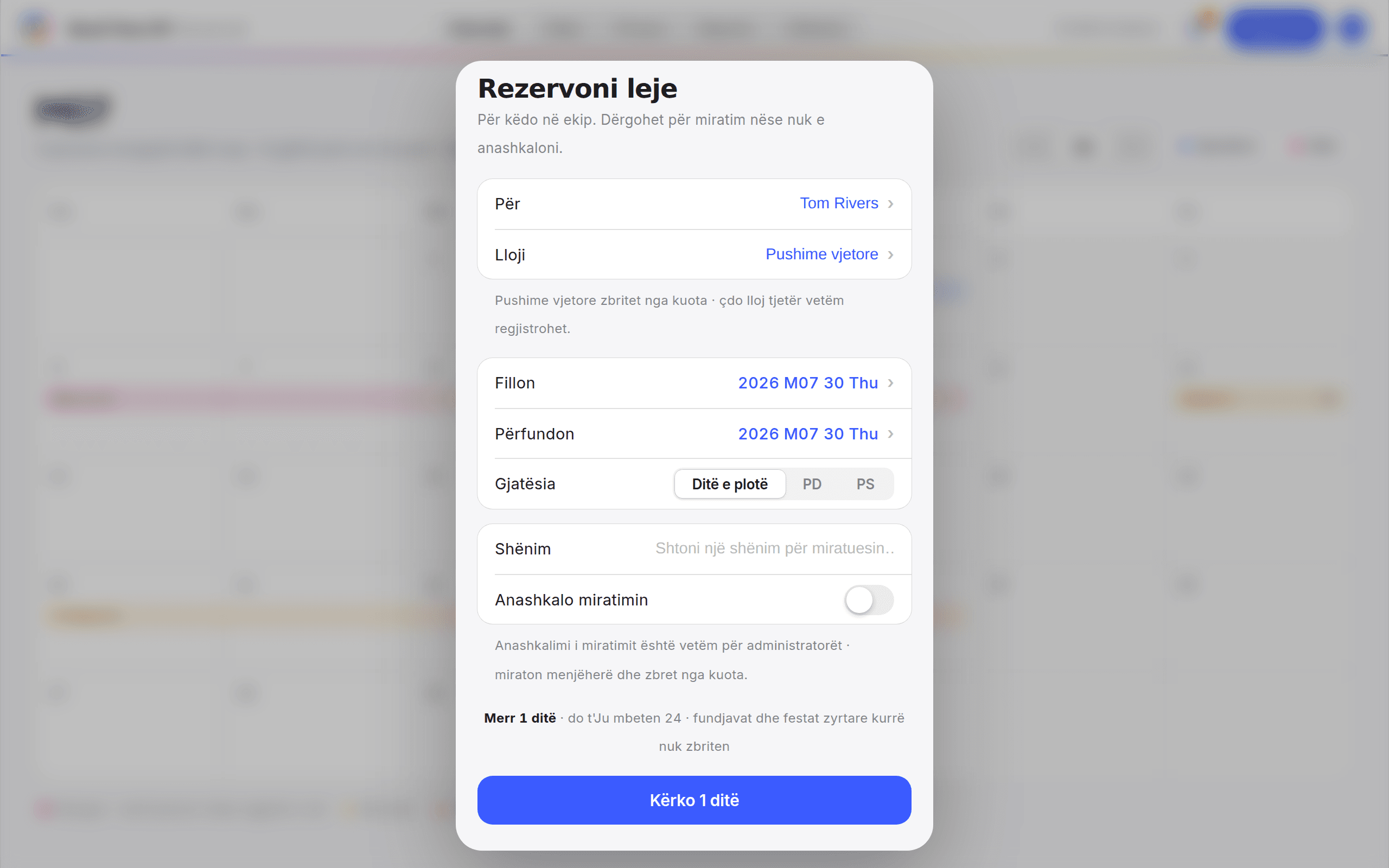 Formulari Add leave me data të kaluara dhe çelësin Skip approval