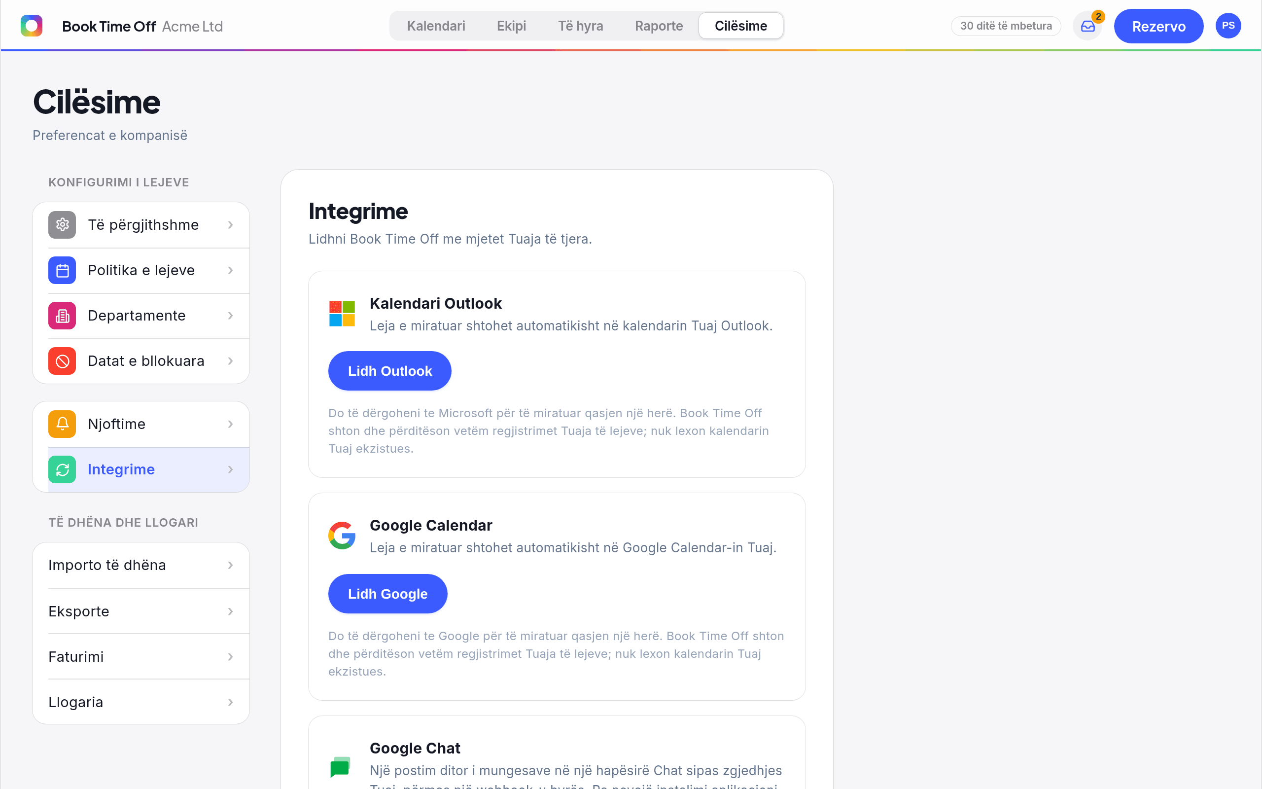 Cilësimet Integrations që tregojnë opsionin për lidhjen e kalendarit Outlook