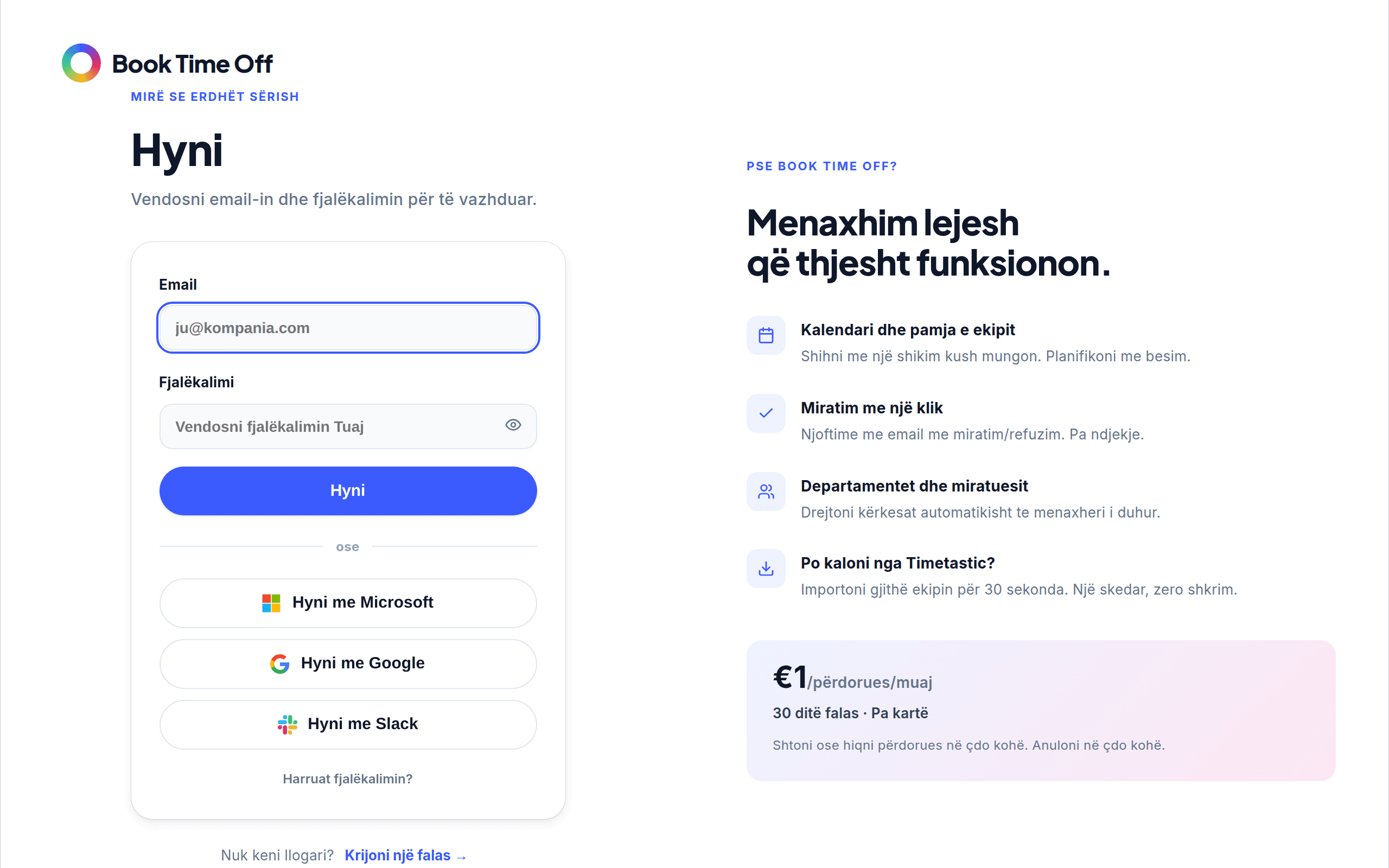 Ekrani i hyrjes me email, fjalëkalim dhe një buton Sign in with Microsoft