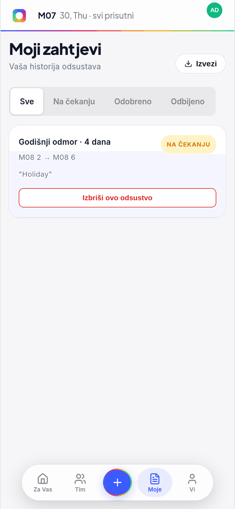 Ekran Moji zahtjevi na telefonu s prikazom zahtjeva na čekanju i dugmetom Izbriši ovo odsustvo