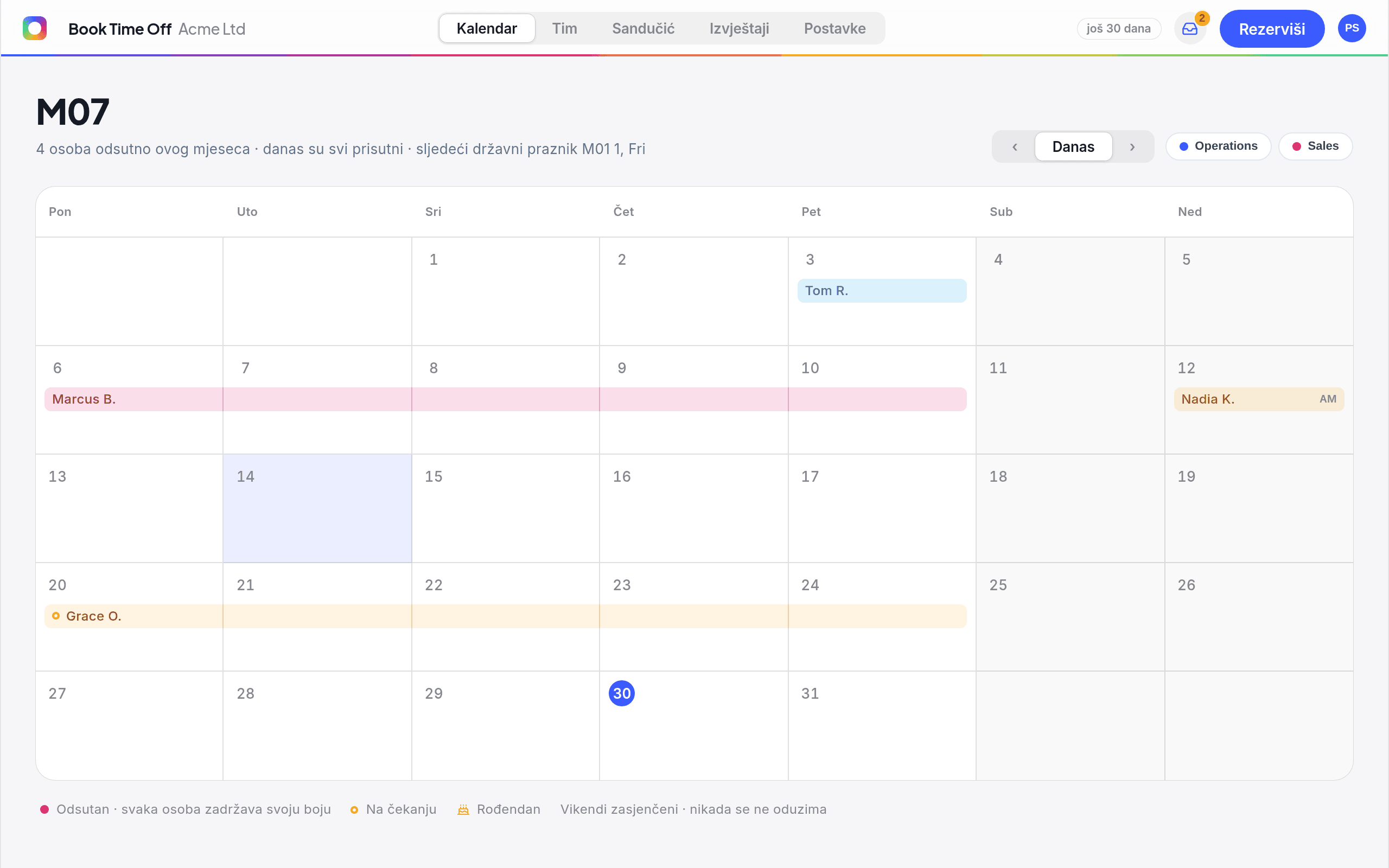 Kalendar Book Time Off s prikazom rezervisanog odsustva tima za taj mjesec
