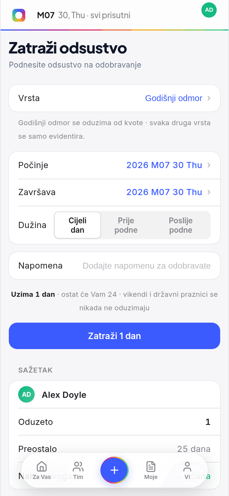 Traženje godišnjeg s telefona u Book Time Off, s prikazom oduzimanja od prava i izborom cijelog ili pola dana