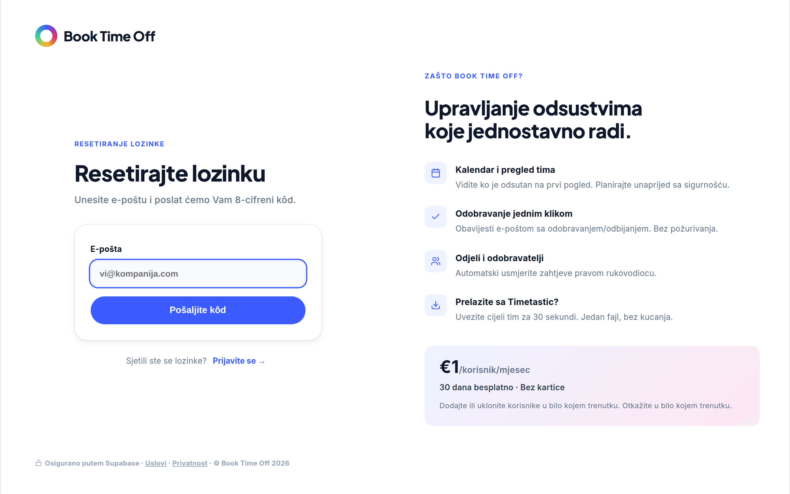 Ekran Resetujte lozinku s poljem za e-poštu i dugmetom Pošalji kôd