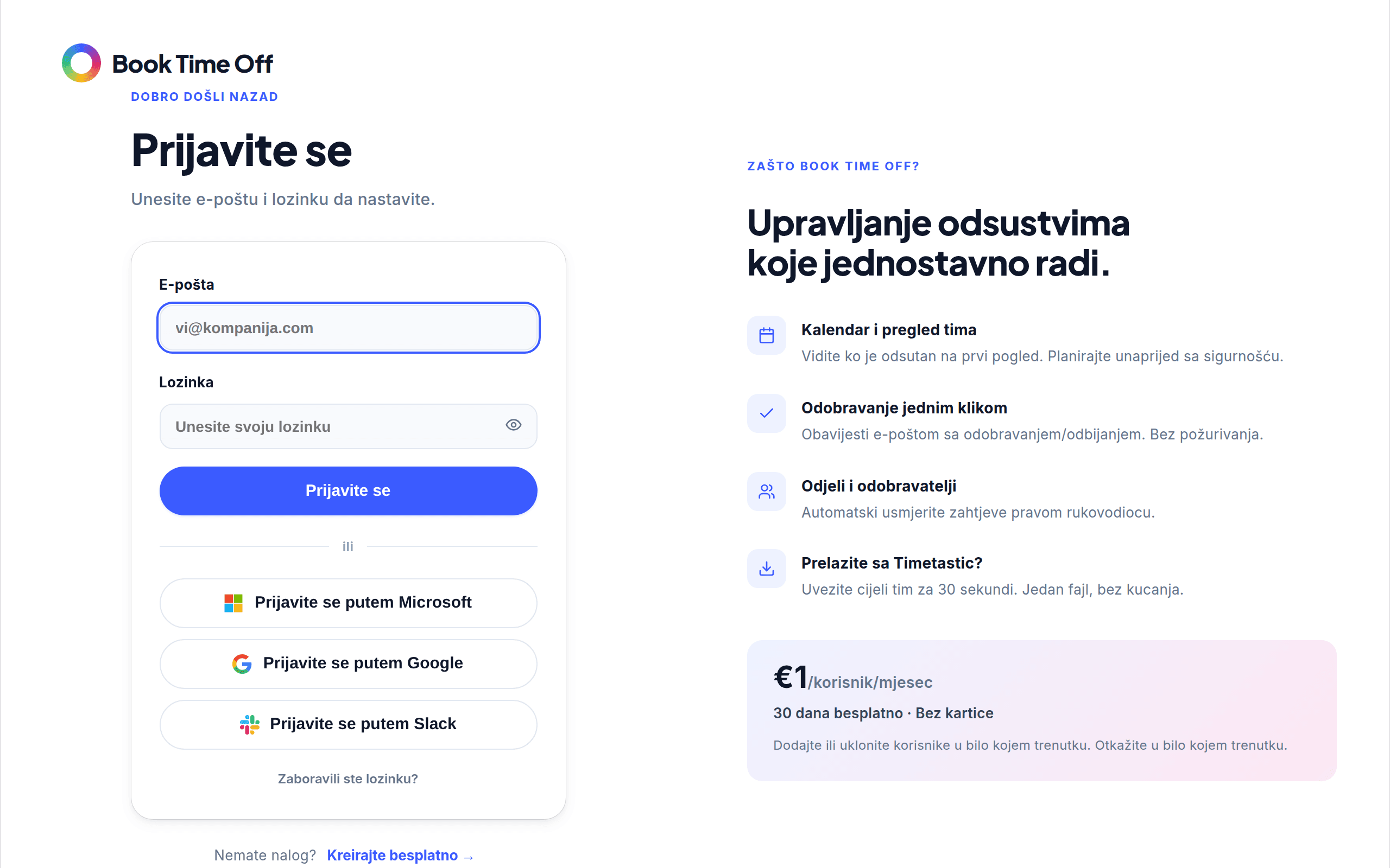 Ekran za prijavu s e-poštom, lozinkom i dugmetom Prijava putem Microsofta