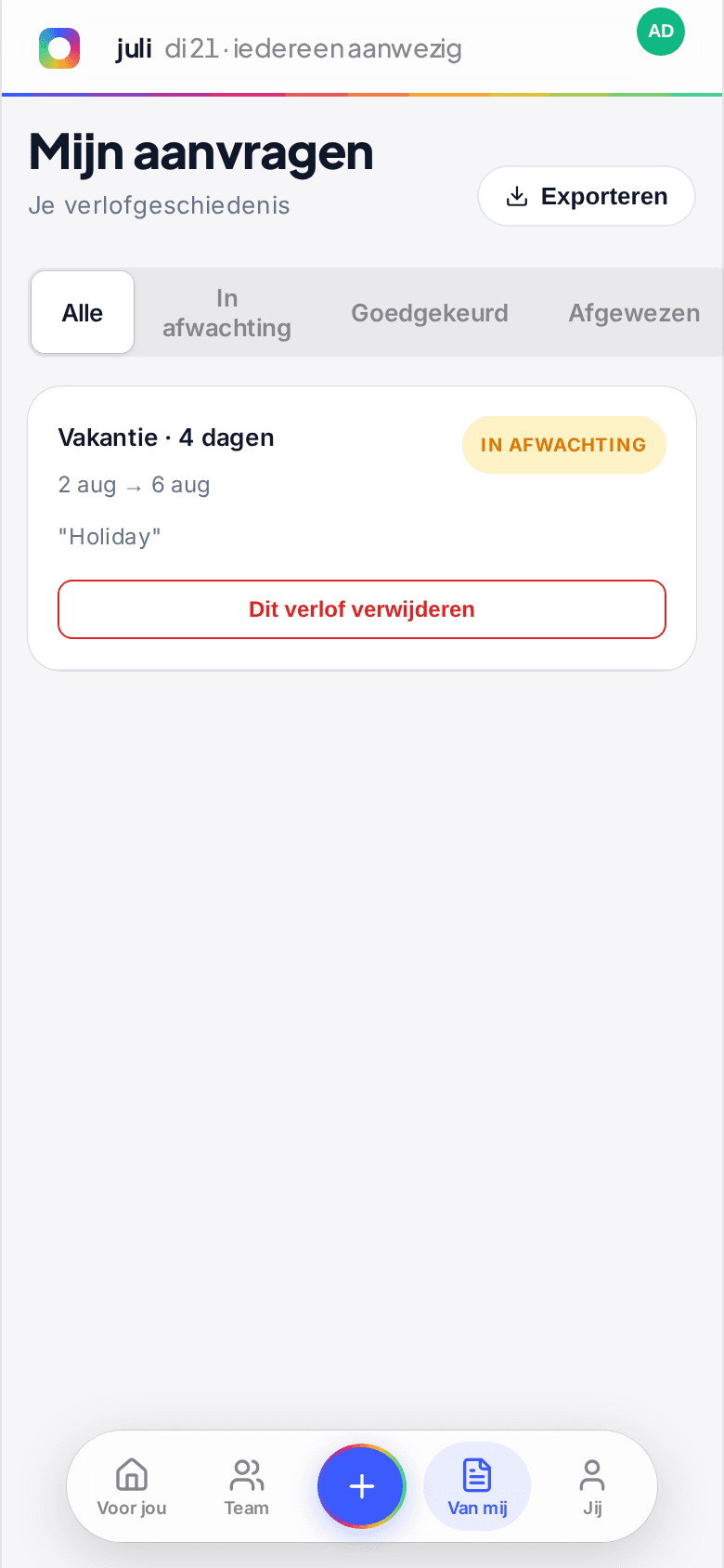 Het scherm Mijn aanvragen op een telefoon met een openstaande aanvraag en een knop Dit verlof verwijderen