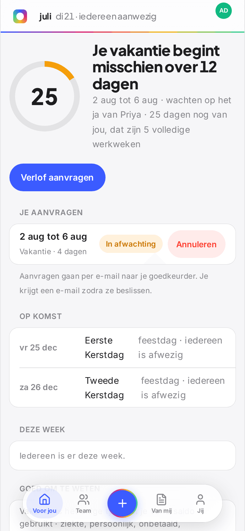 Het startscherm voor medewerkers in Book Time Off met resterende dagen in een ring, aankomend verlof en wie er deze week vrij is