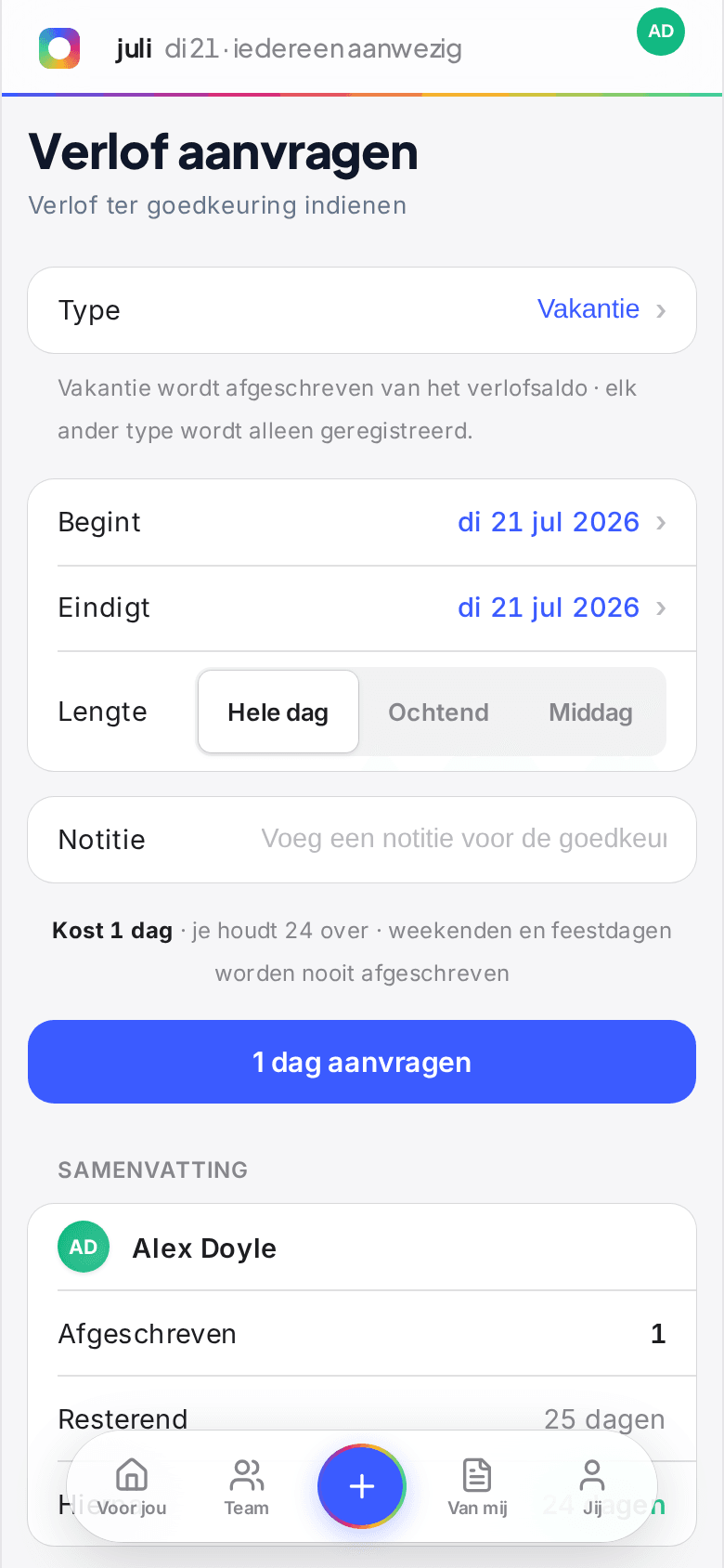 Verlof aanvragen vanaf uw telefoon in Book Time Off, met vakantiedagen die van het saldo afgaan en de keuze tussen een hele of halve dag