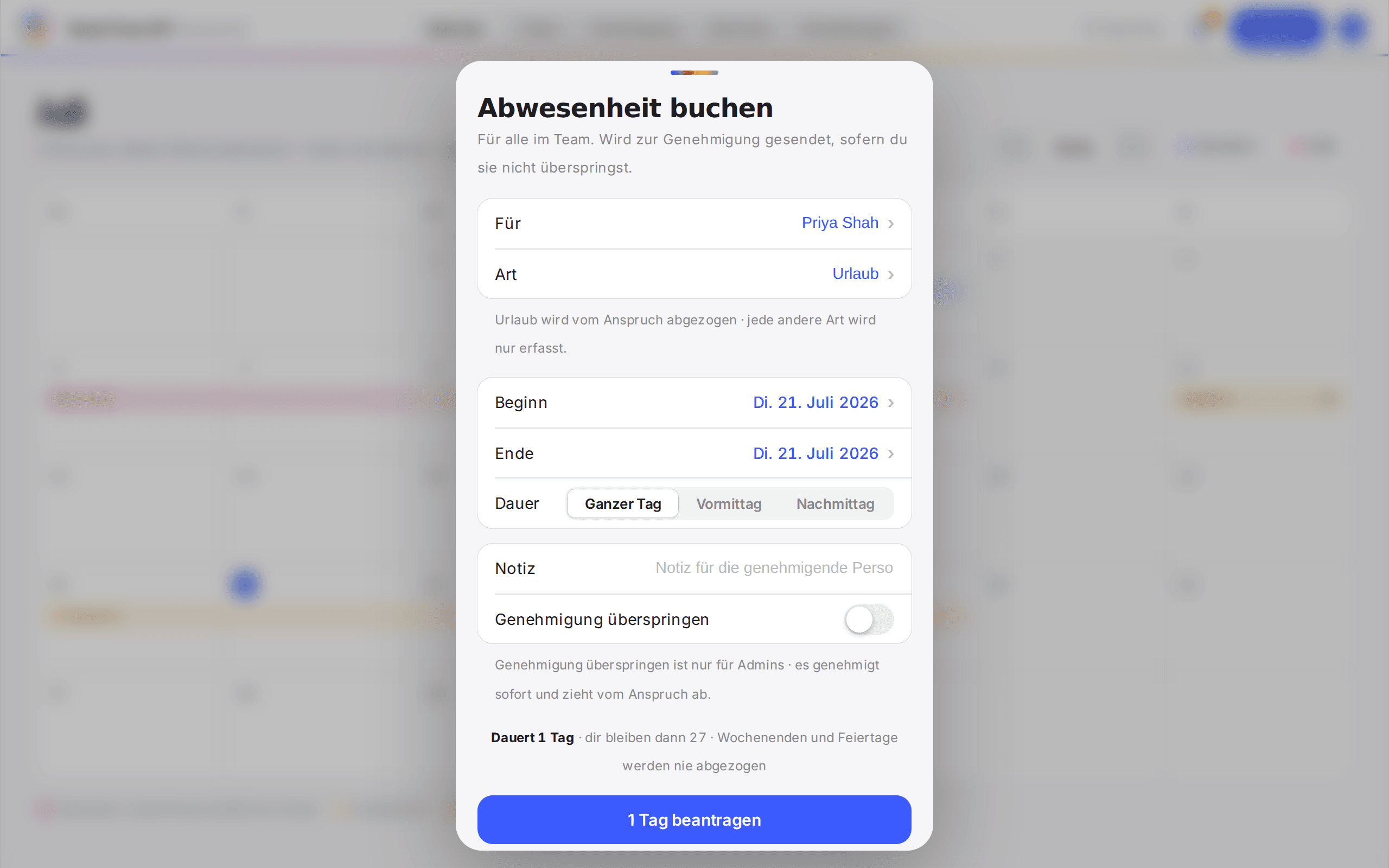 Das Buchungsfenster mit einer Zeile Für und der Abwesenheitsart
