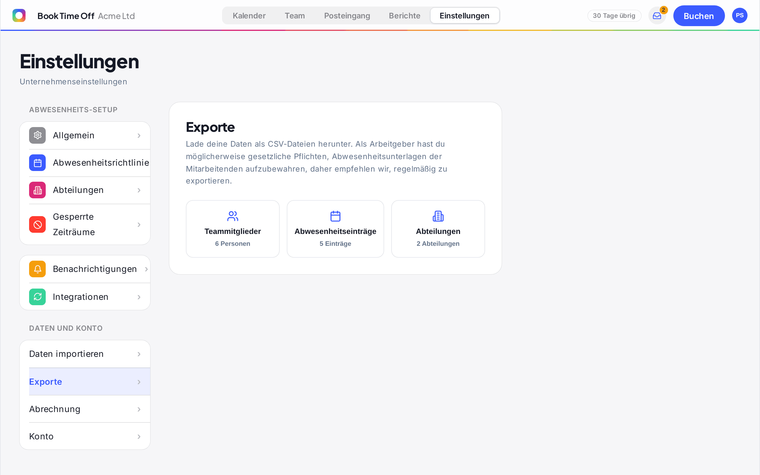 Der Bildschirm Exporte mit den Download-Schaltflächen Teammitglieder, Abwesenheitsdaten und Abteilungen