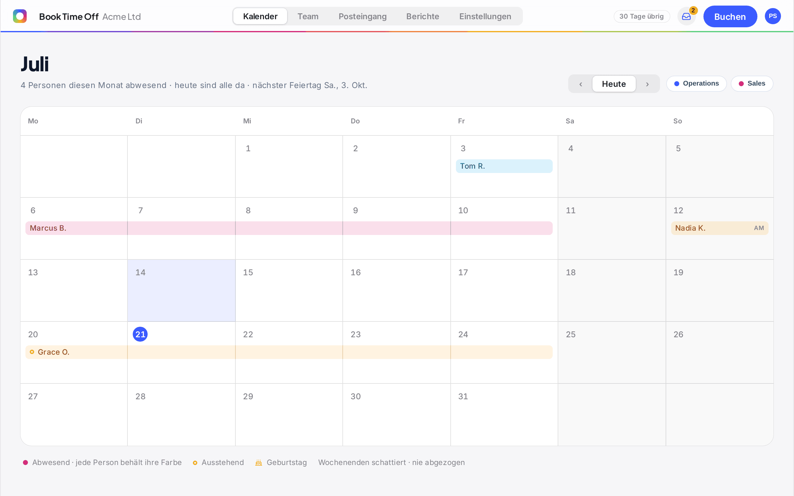 Der Book Time Off Kalender mit der gebuchten Abwesenheit des Teams für den Monat
