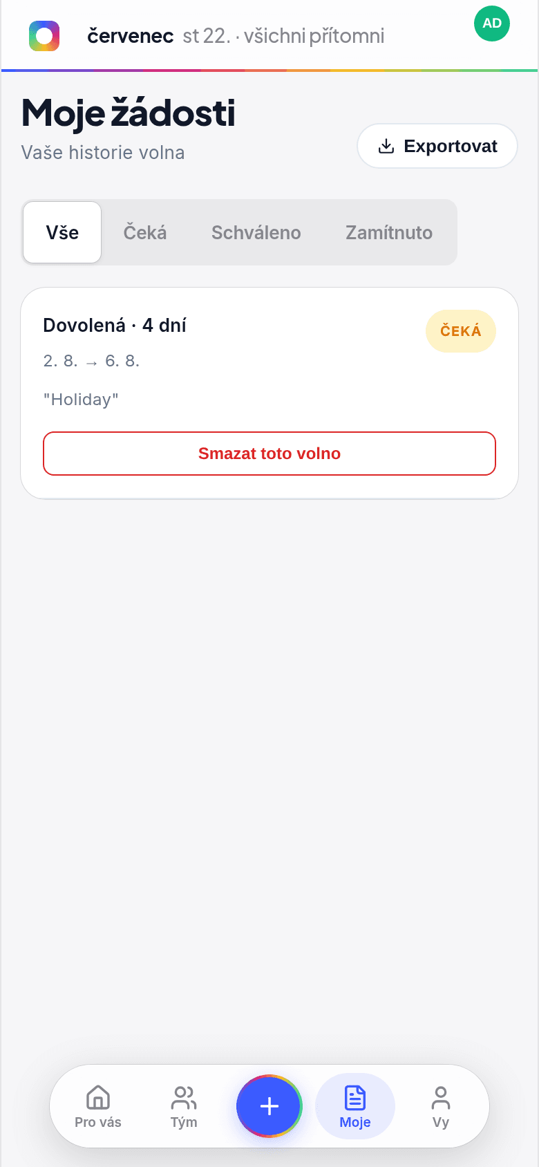 Obrazovka Moje žádosti na telefonu ukazující čekající žádost s tlačítkem Smazat toto volno