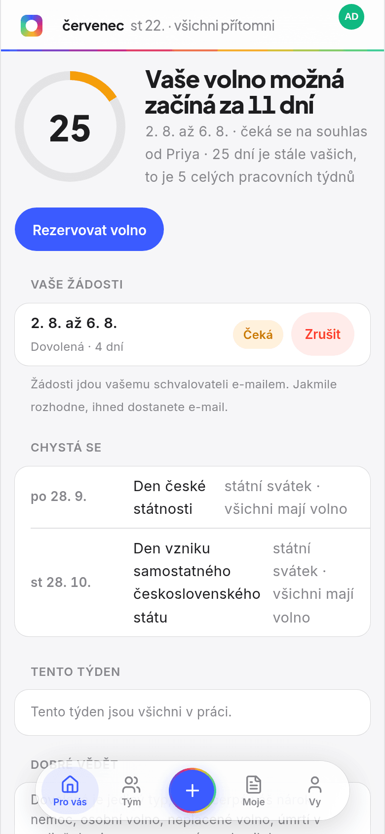 Domovská obrazovka Book Time Off na telefonu zobrazující roční kruh, zbývající dny a plovoucí dok