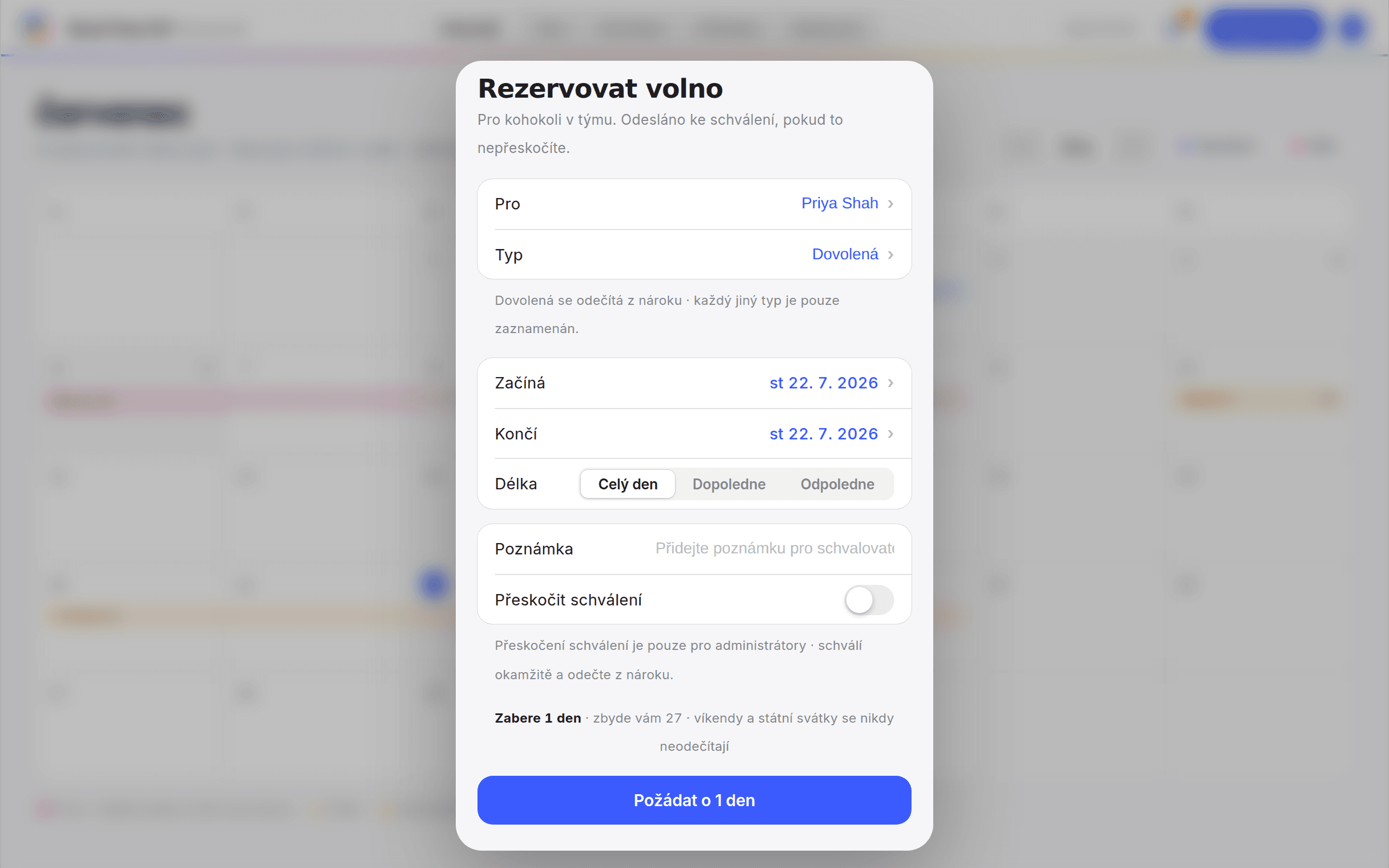 Formulář Přidat volno s proběhlými daty a přepínačem Přeskočit schválení