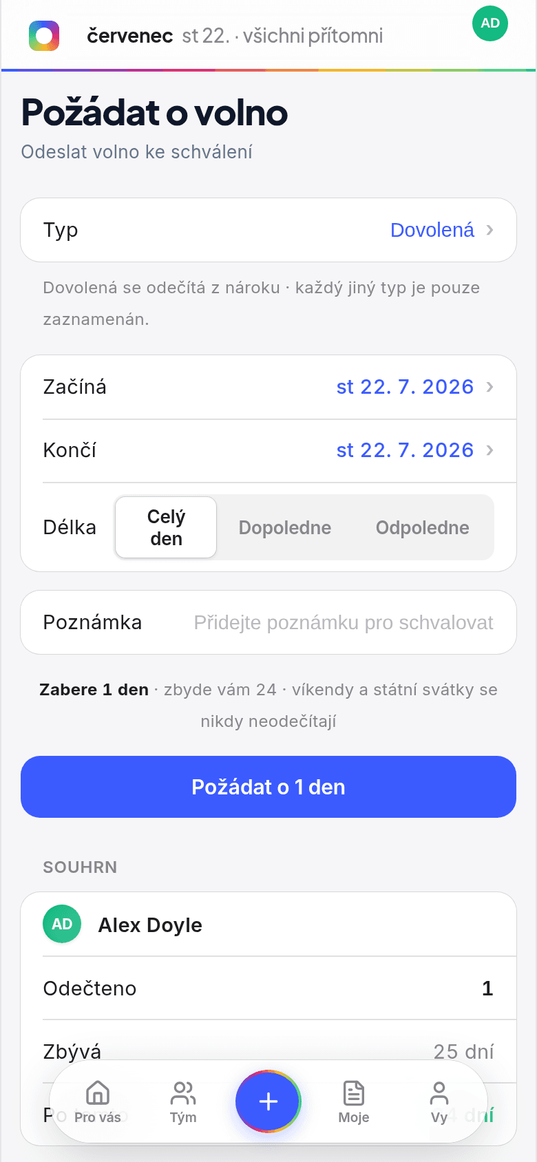 Žádost o volno z telefonu v Book Time Off s odečtem z nároku a volbou celého dne nebo půldne