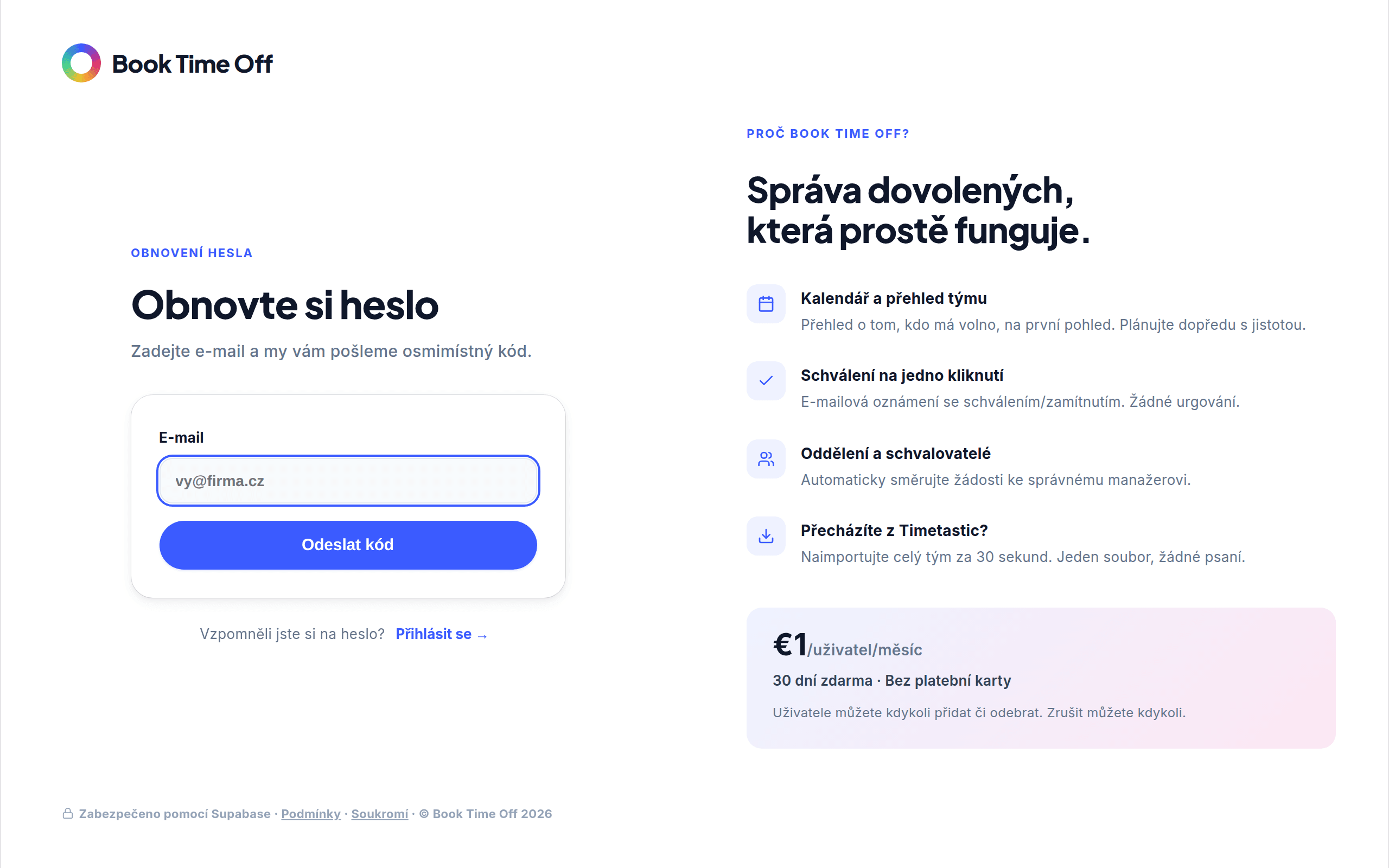 Obrazovka Obnovte si heslo s polem pro e-mail a tlačítkem Odeslat kód
