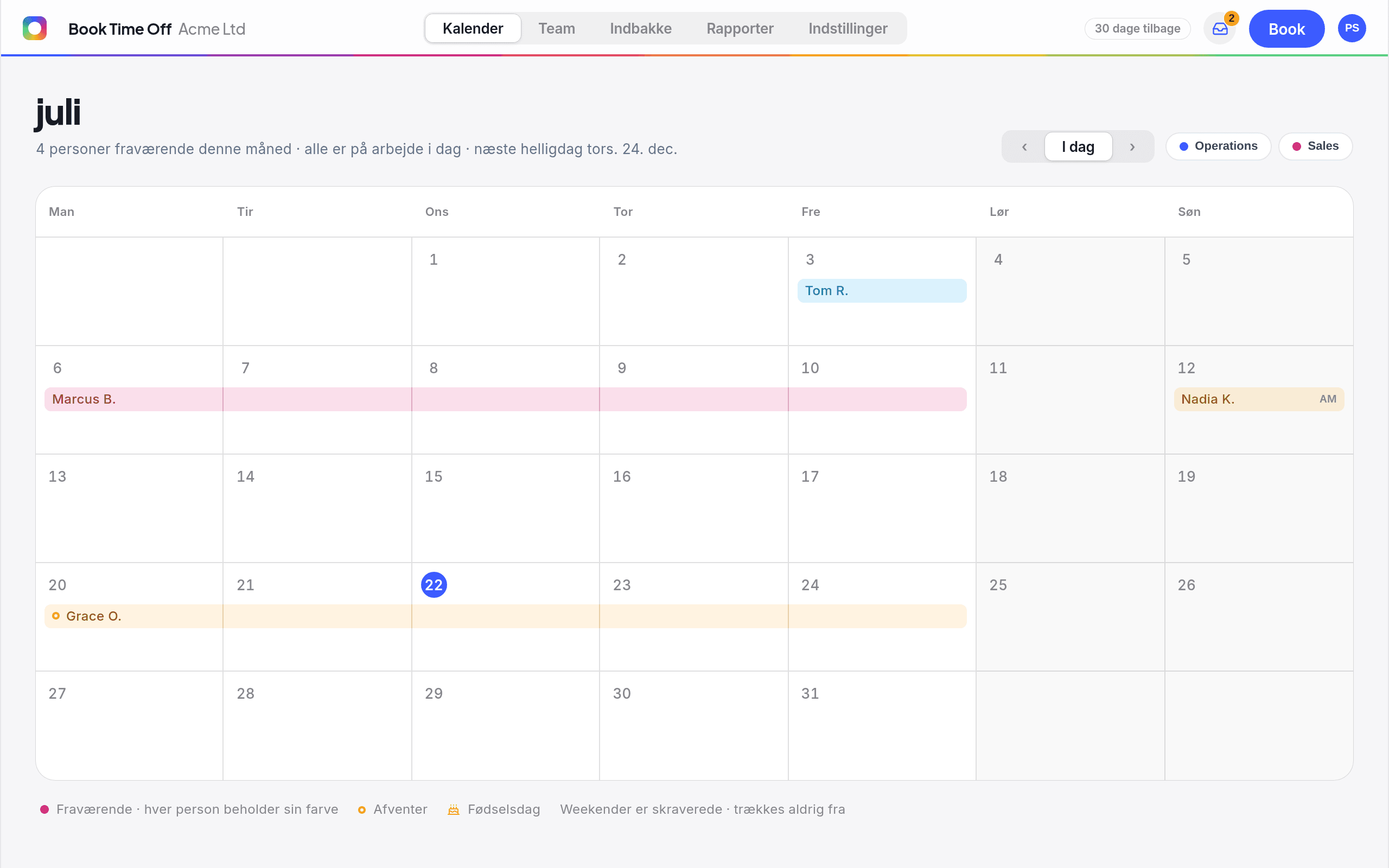 Delt Book Time Off-kalender for juni der viser hvem der er fri, ventende ansøgninger, fødselsdage og den næste helligdag