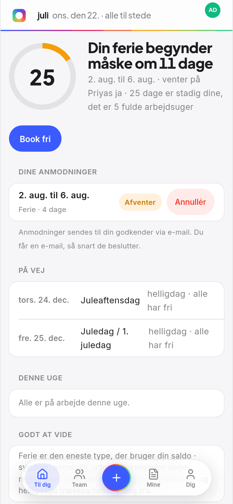 Medarbejderens startskærm i Book Time Off med dage tilbage i en ring, kommende ferie og hvem der er fri i denne uge