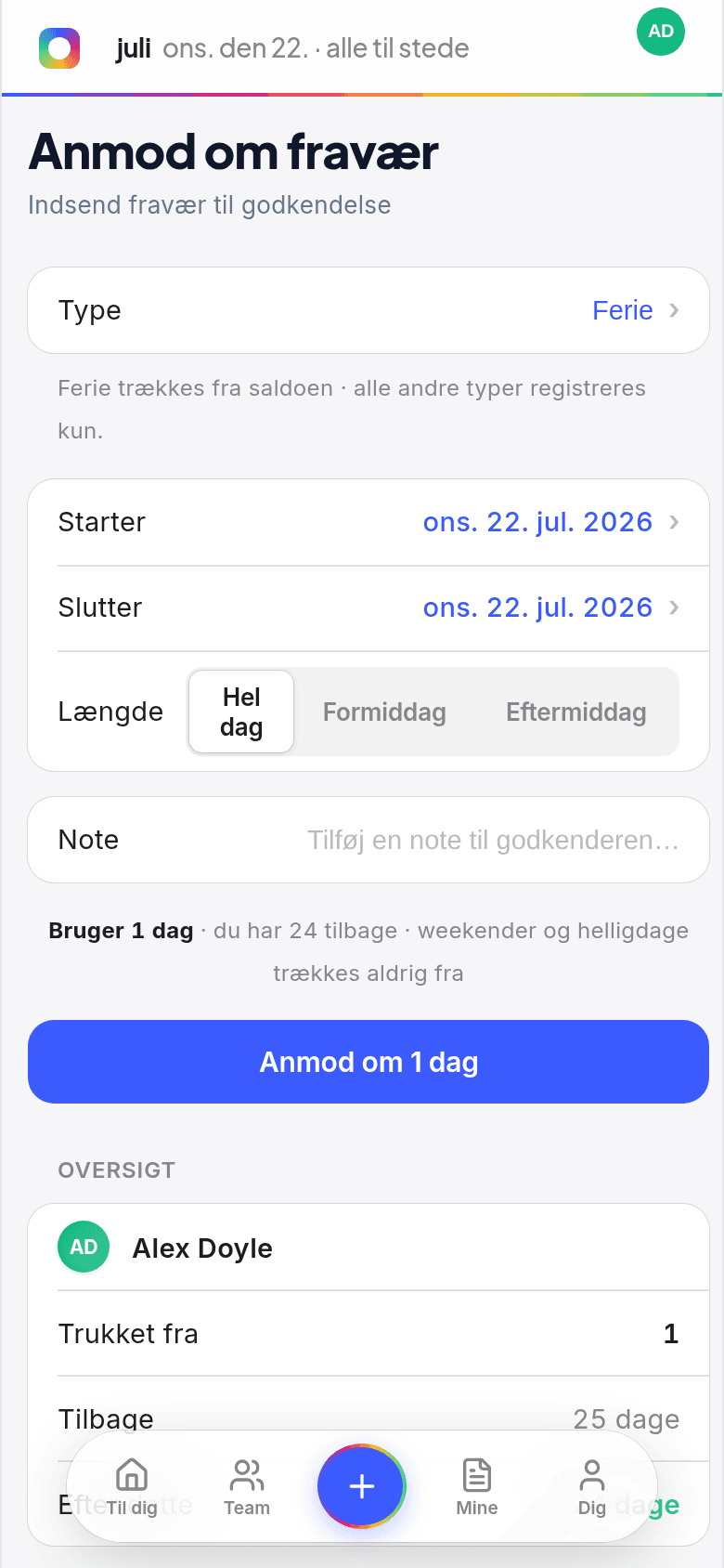 Ferieansøgning fra mobilen i Book Time Off, med dage der trækkes fra puljen og valg mellem hel dag og halv dag