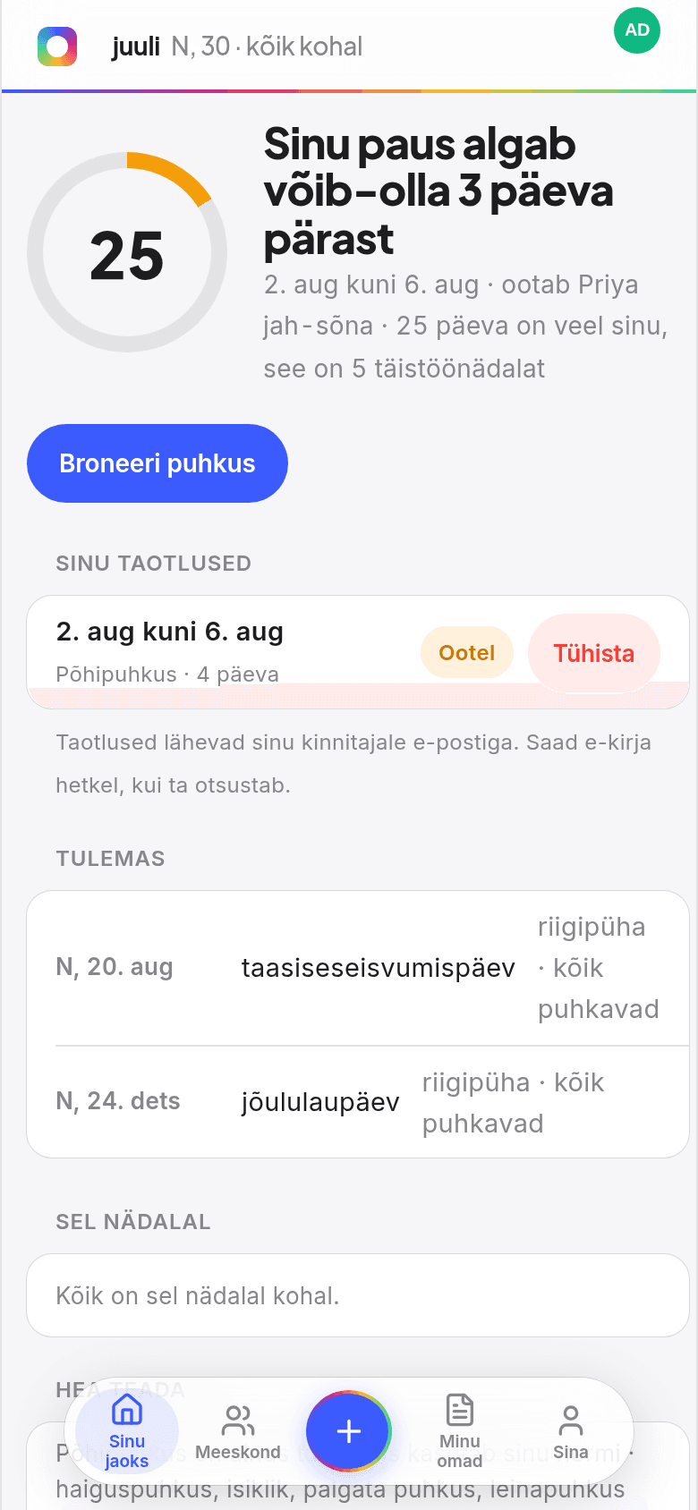 Book Time Offi töötaja avavaade, kus on ringil jäänud päevad, tulevased puhkused ja kes on sel nädalal puhkusel