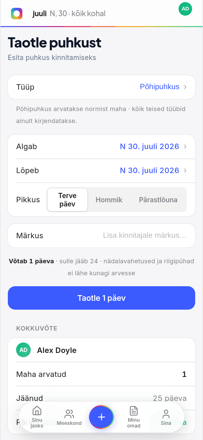 Puhkuse taotlemine telefonist Book Time Offis, kus on näha põhipuhkuse mahaarvamine ja valik terve või poole päeva vahel