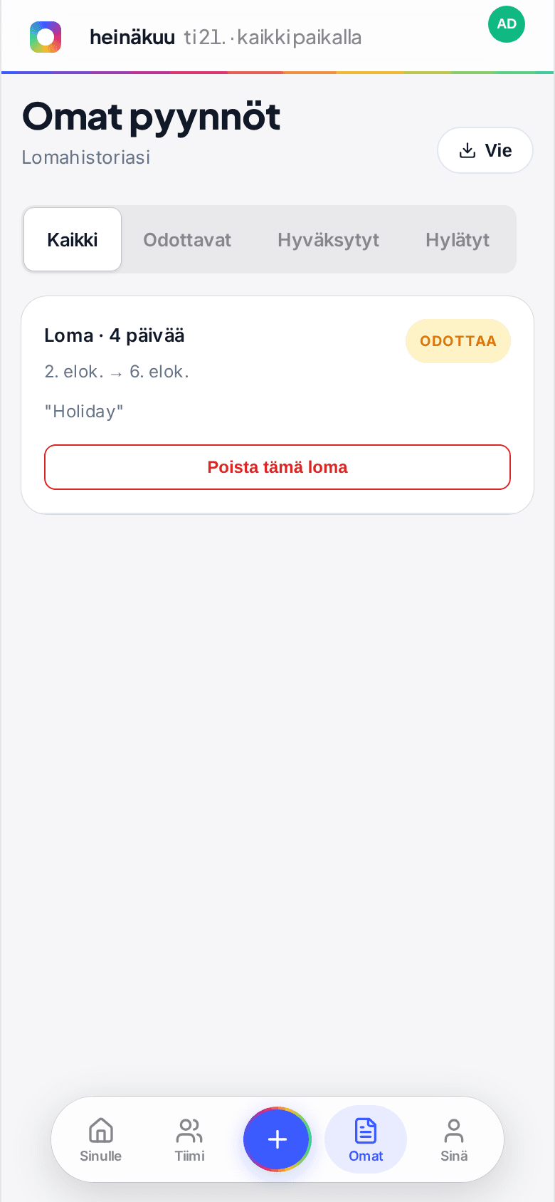 Omat pyynnöt -näkymä puhelimessa, jossa näkyy odottava pyyntö Poista tämä poissaolo -painikkeella