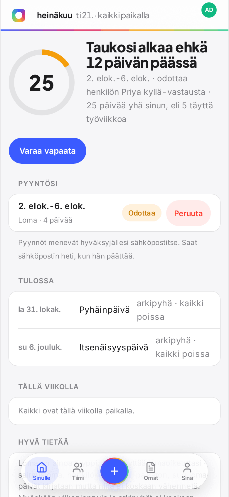 Työntekijän aloitusnäkymä Book Time Offissa, jossa jäljellä olevat päivät näkyvät renkaassa, tulevat lomat ja ketkä ovat tällä viikolla poissa