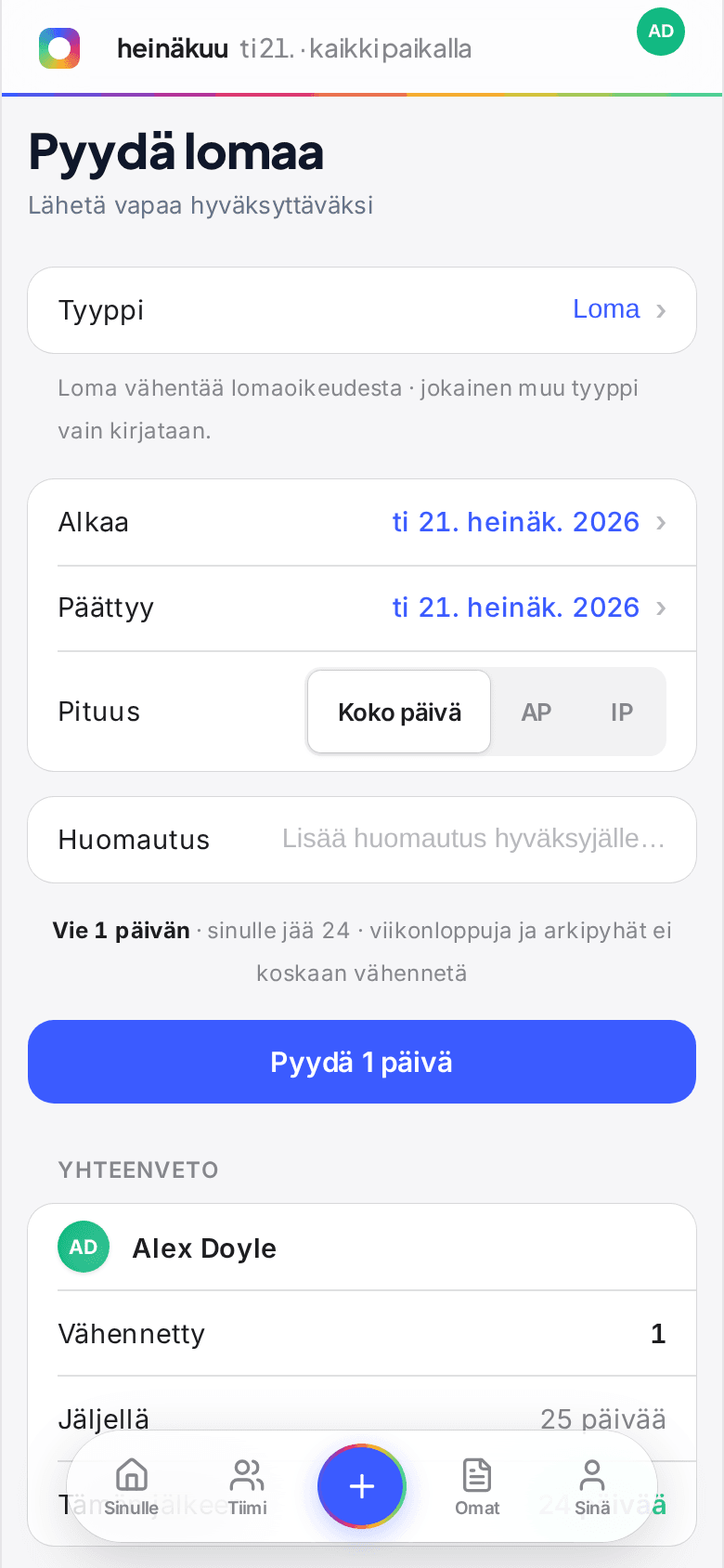 Loman pyytäminen puhelimesta Book Time Offissa, jossa vuosiloma vähenee lomapotista ja valittavana on koko päivä tai puolikas päivä