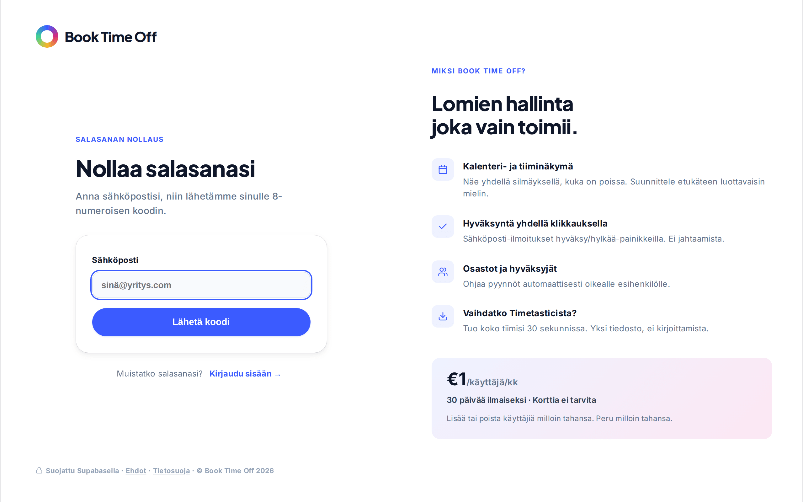 Palauta salasanasi -näyttö sähköpostikentällä ja Lähetä koodi -painikkeella