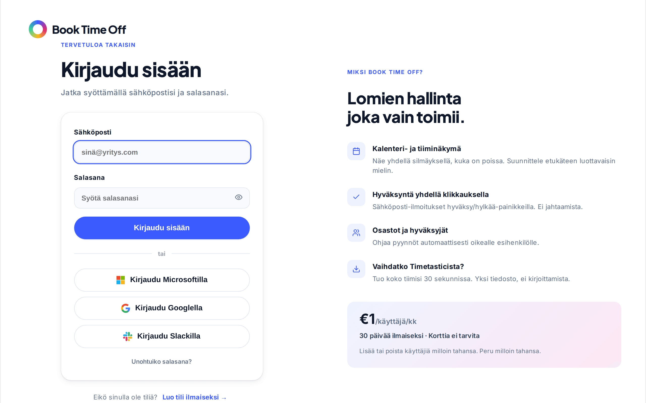Kirjautumisnäyttö sähköpostilla, salasanalla ja Kirjaudu Microsoftilla -painikkeella