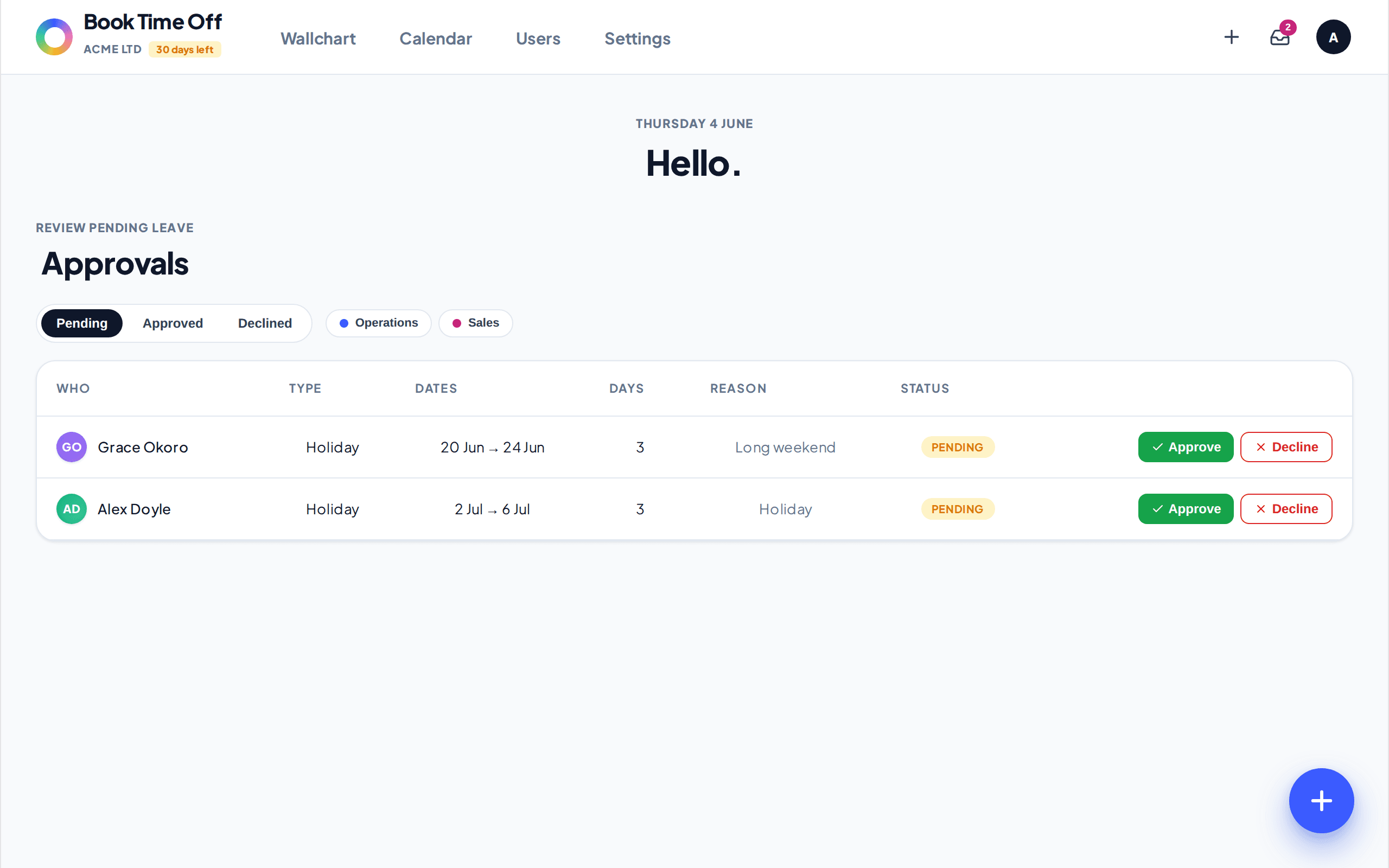 The Approvals screen listing pending leave requests with Approve and Decline buttons