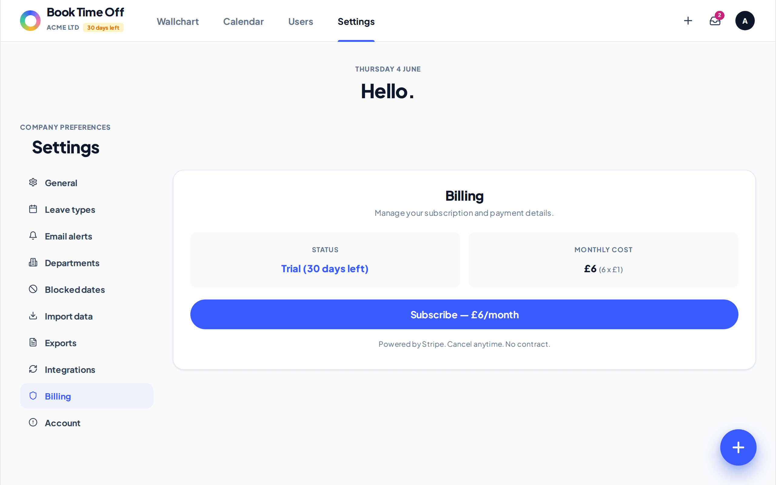 The Billing settings showing subscription status and monthly cost