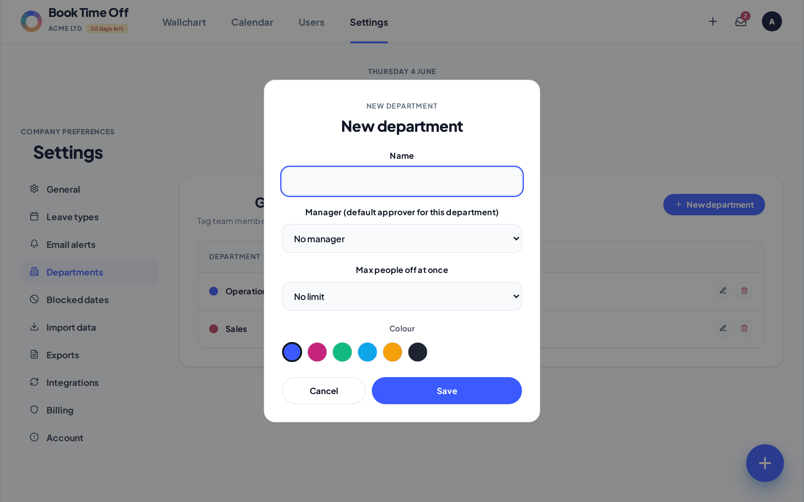 The New department form showing Name, Manager and Max people off at once