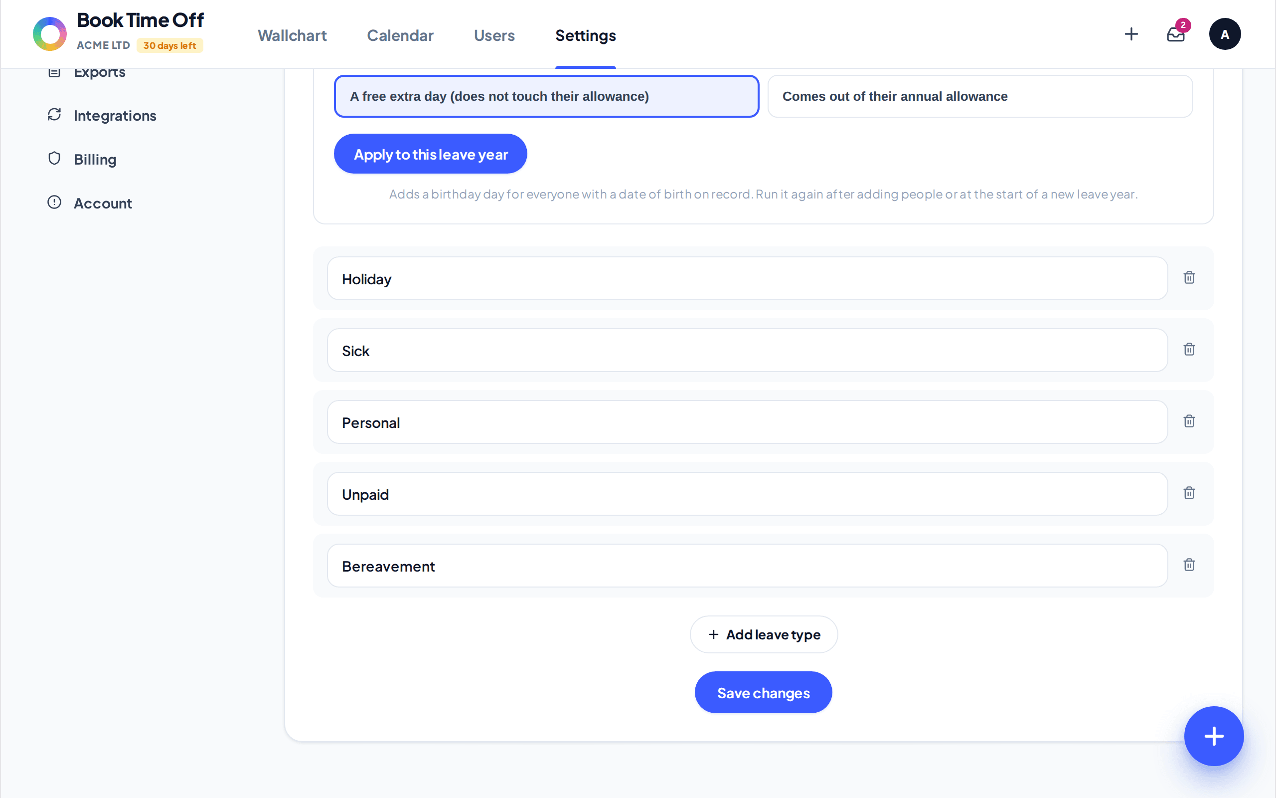 The Leave types settings showing the editable list and the Add leave type button