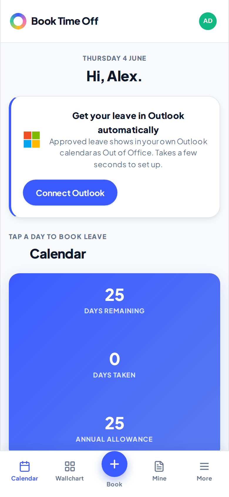 The Book Time Off home screen on a phone, showing days remaining and the bottom navigation