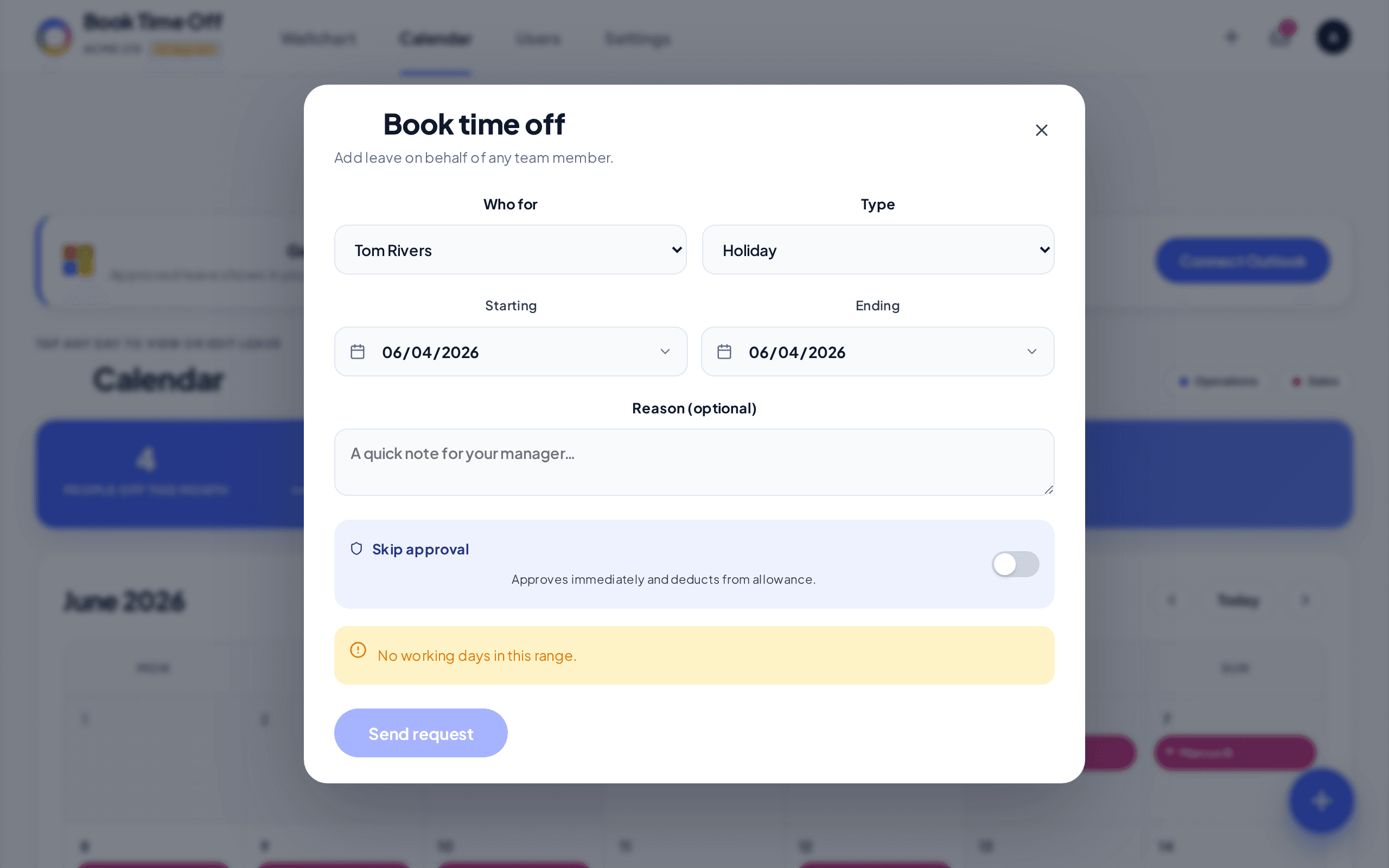 The Add leave form with past dates and the Skip approval toggle