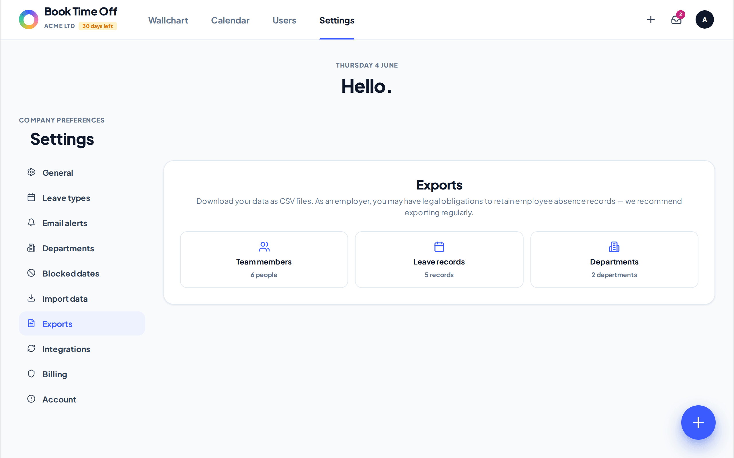 The Exports screen with Team members, Leave records and Departments download buttons