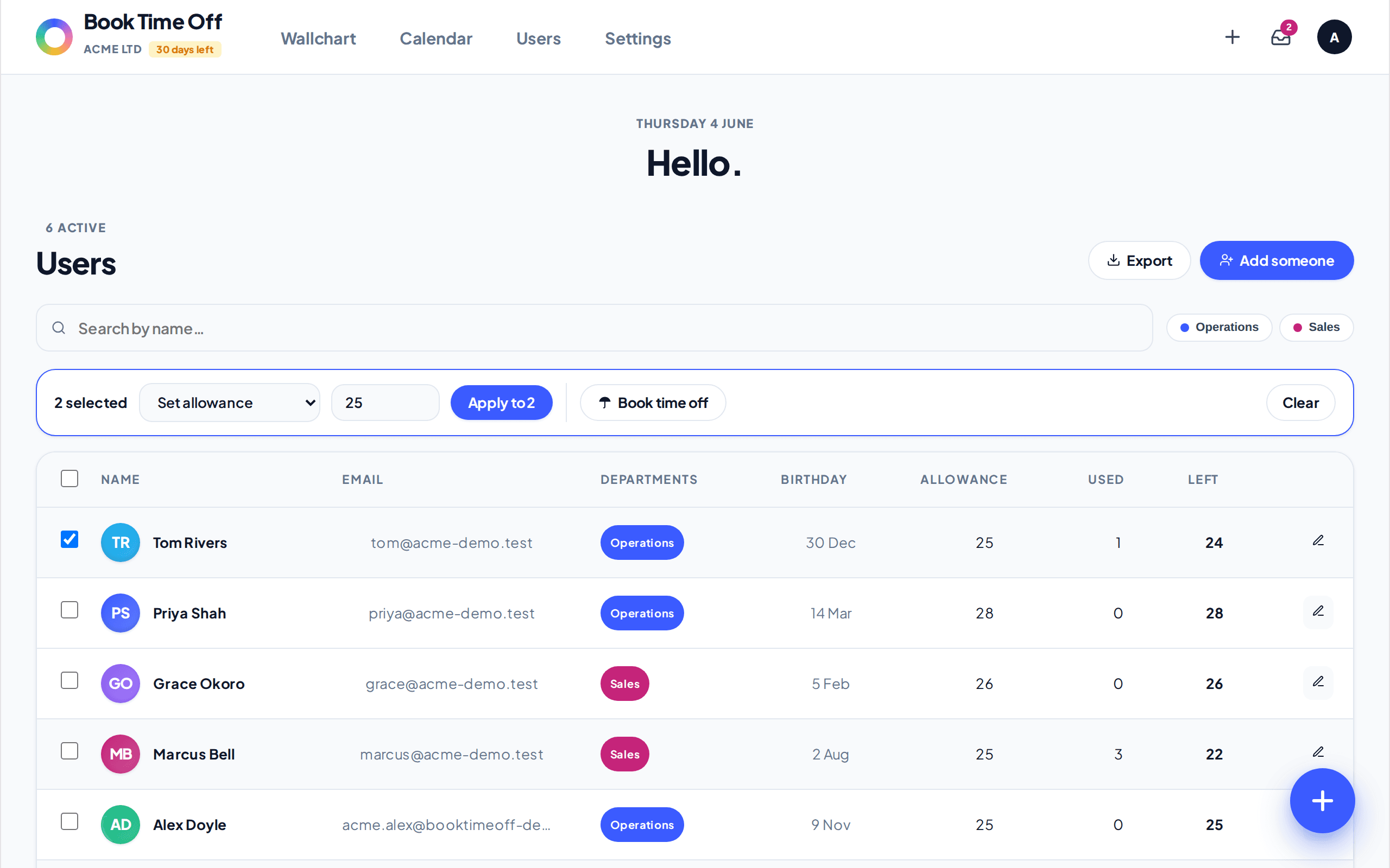 The Users page with two people ticked and the bulk action bar showing