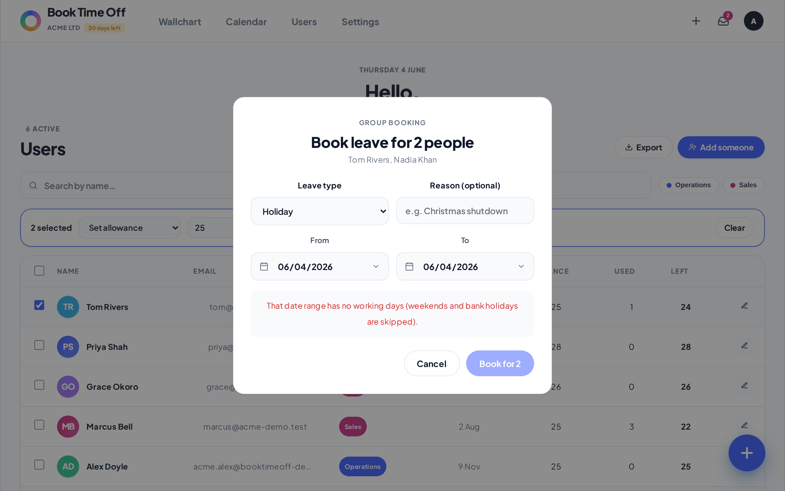 The group booking modal titled Book leave for 2 people