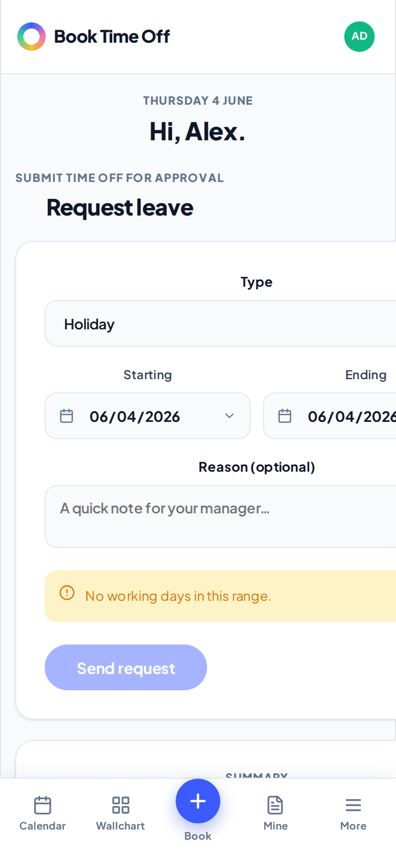 The Request leave form on a phone with type, dates and a reason field