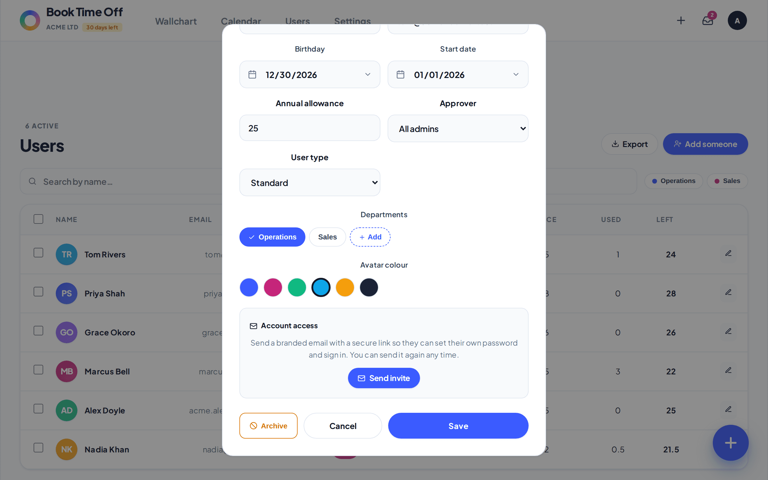 The member panel showing the Account access section and a Send invite button