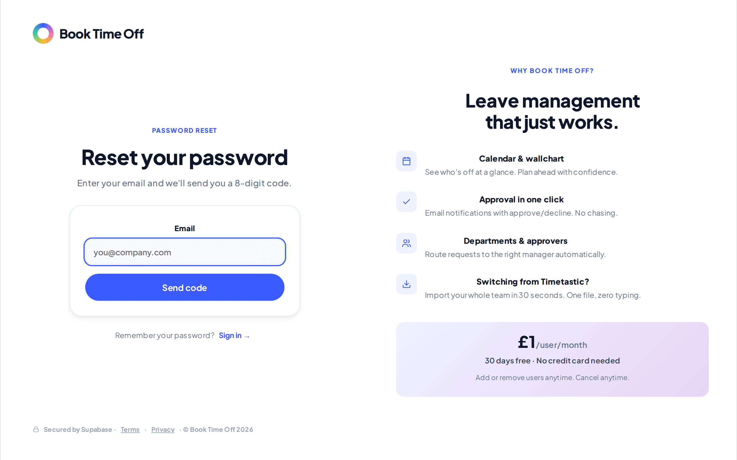 The Reset your password screen with an email field and Send code button