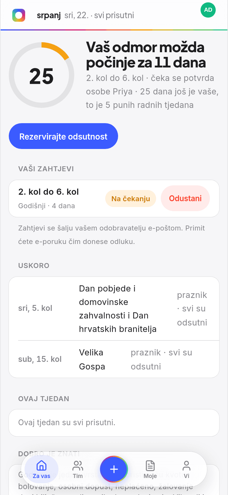 Početni ekran zaposlenika u Book Time Off s preostalim danima na prstenu, nadolazećim godišnjim i pregledom tko je ovaj tjedan odsutan